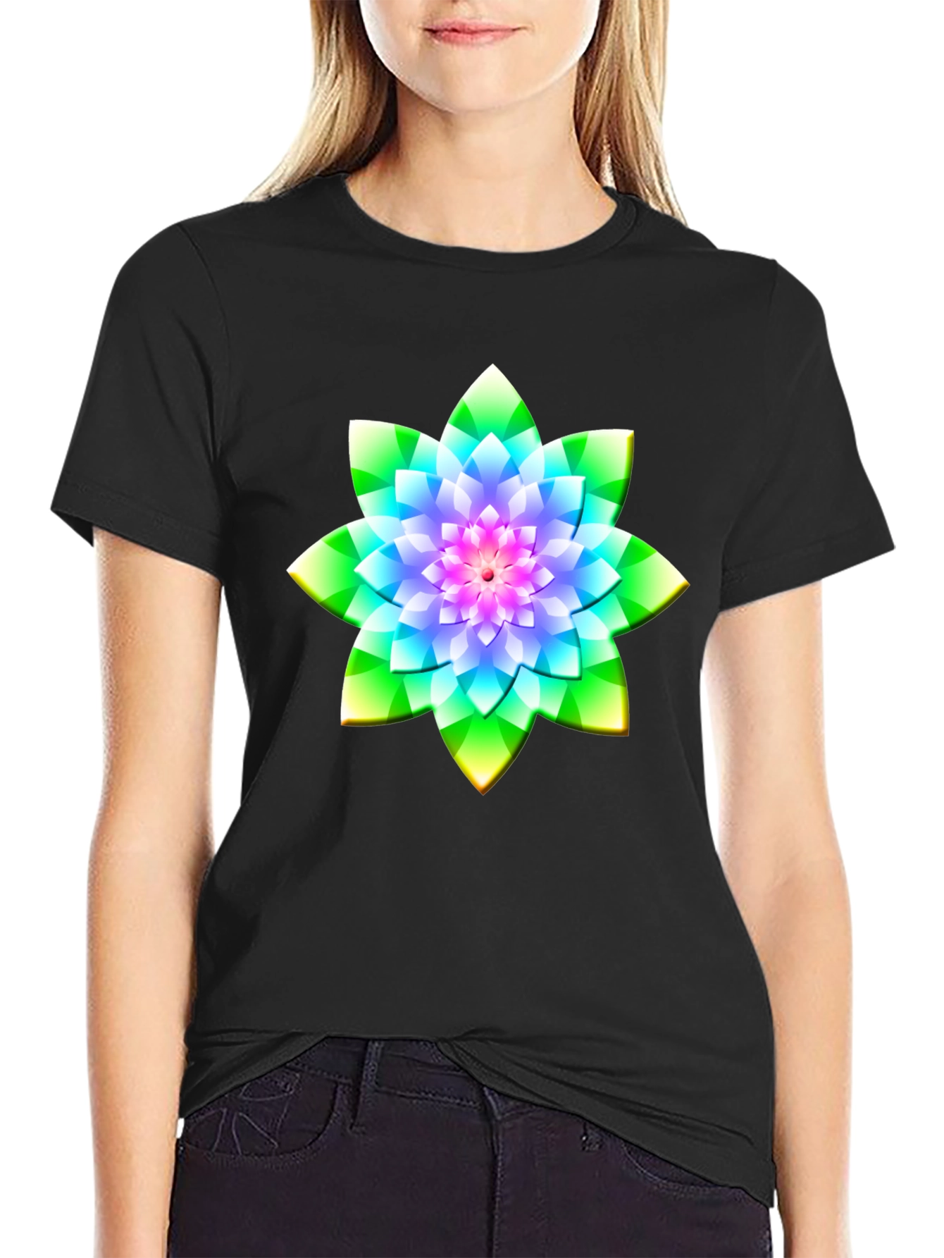 Floral Mandala Graphic Tee - Soft Black Cotton