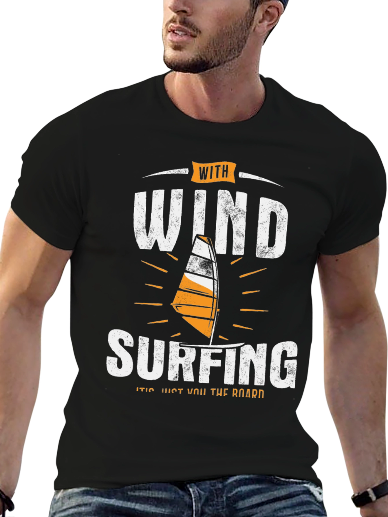 With Wind Surfing Mens Black T-Shirt