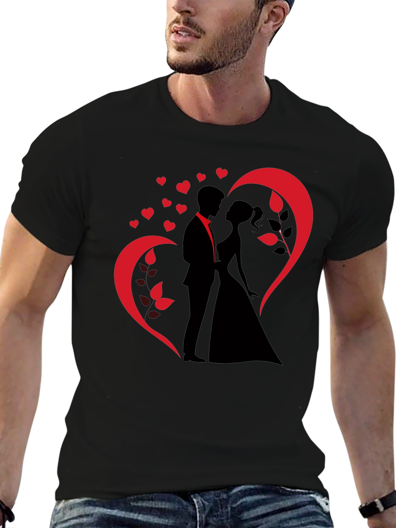 Romantic Couple Heart Design Black T-Shirt