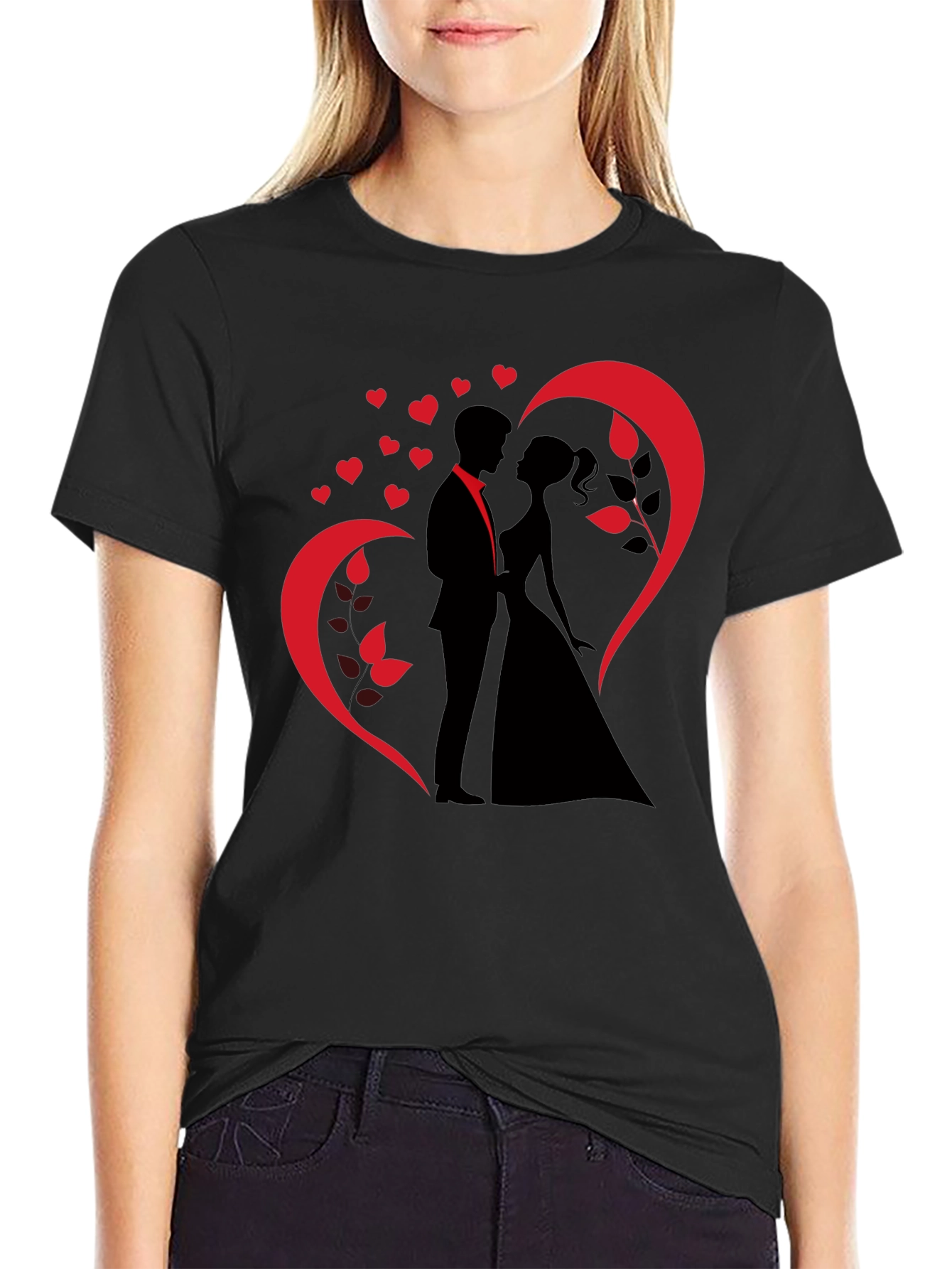 Romantic Couple Heart Design Black T-Shirt