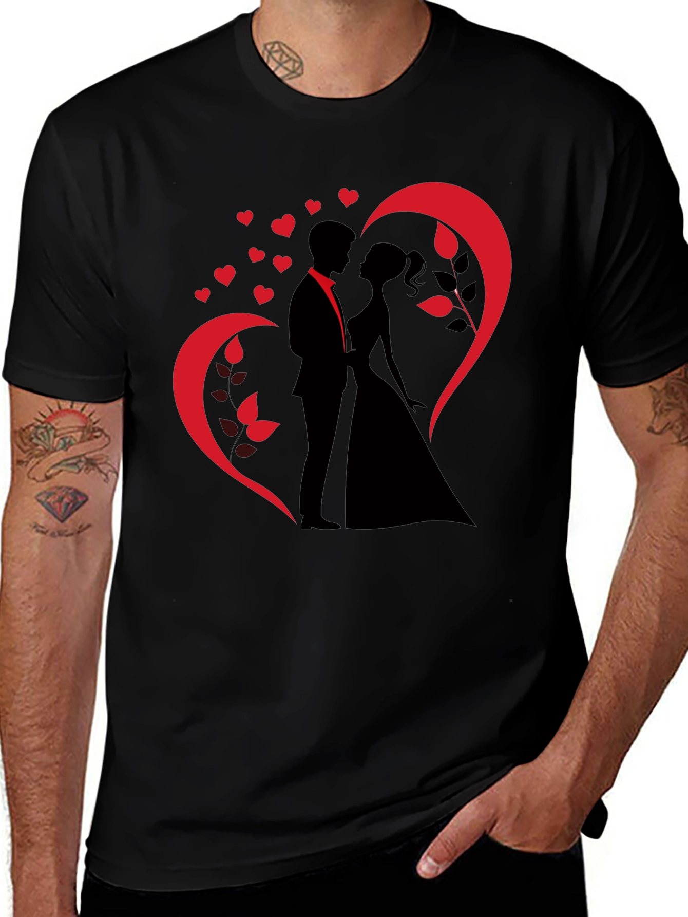 Romantic Couple Heart Design Black T-Shirt