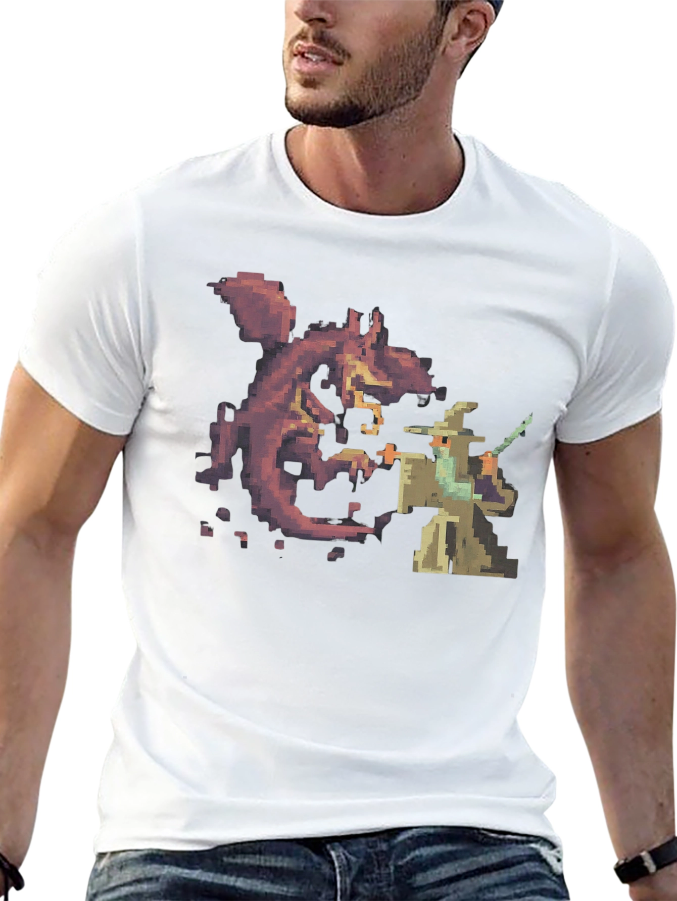 Wizard vs Dragon Pixel Art Black T-Shirt