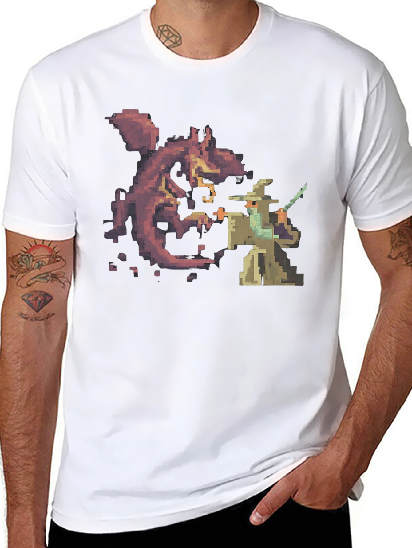 Wizard vs Dragon Pixel Art Black T-Shirt
