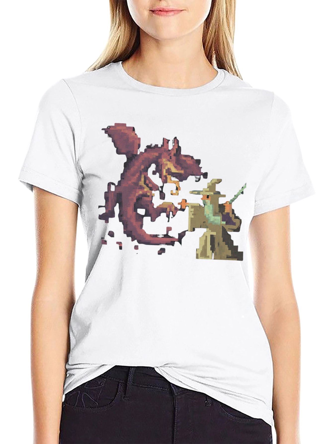 Wizard vs Dragon Pixel Art Black T-Shirt