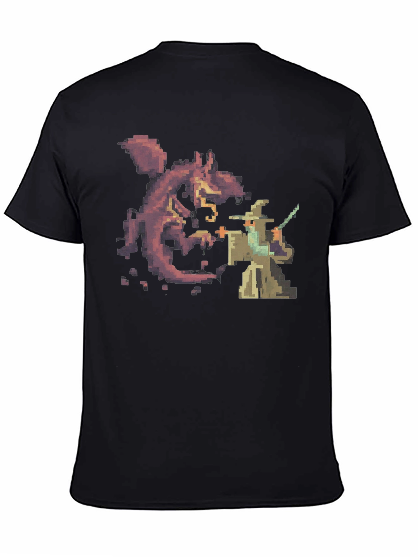 Wizard vs Dragon Pixel Art Black T-Shirt