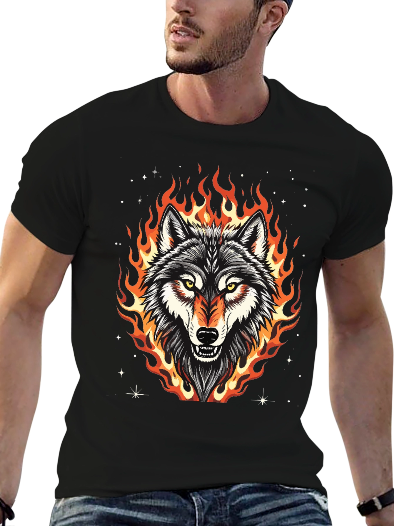 Fiery Wolf Graphic Tee - Black Cotton T-Shirt