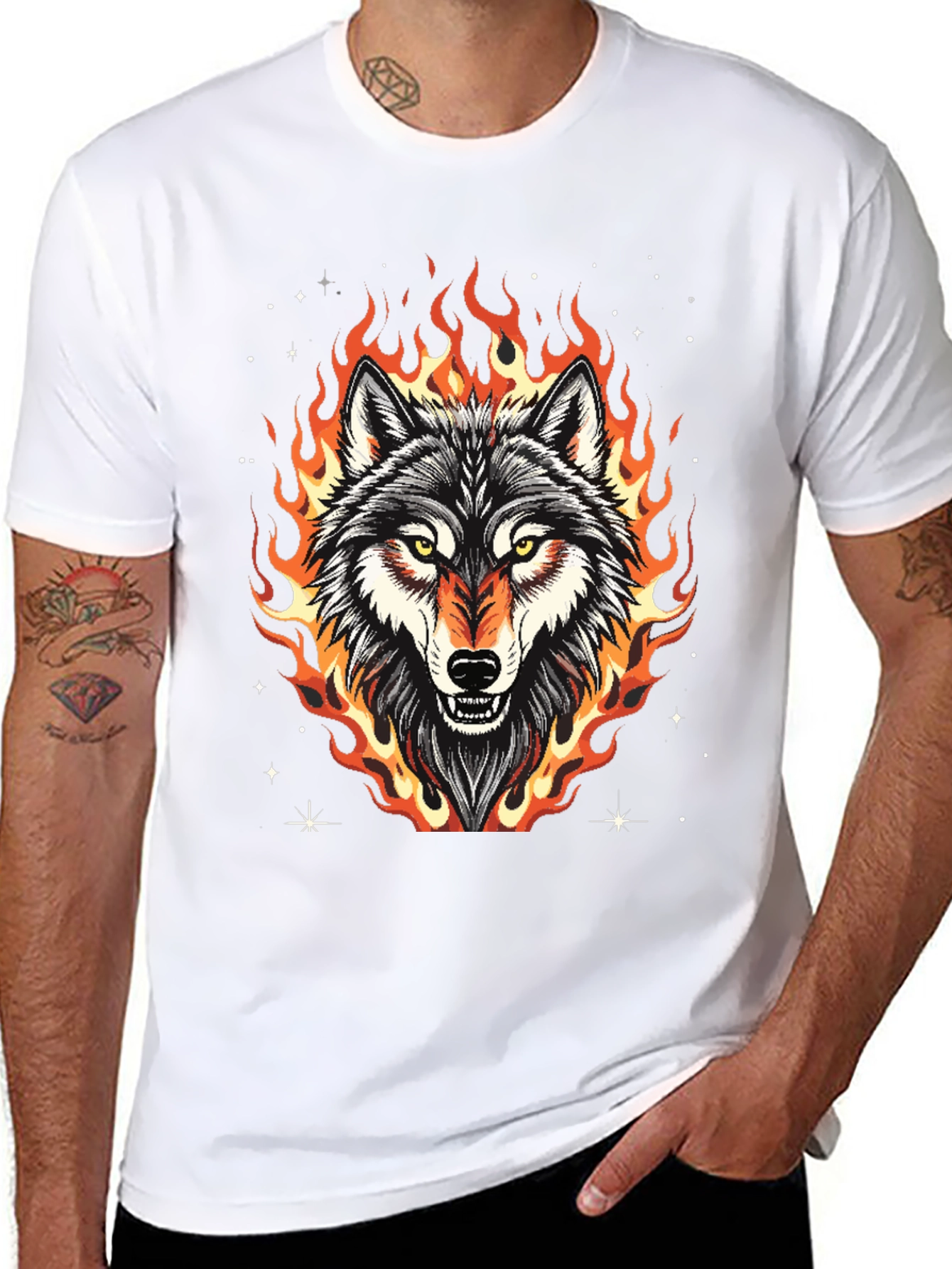 Fiery Wolf Graphic Tee - Black Cotton T-Shirt