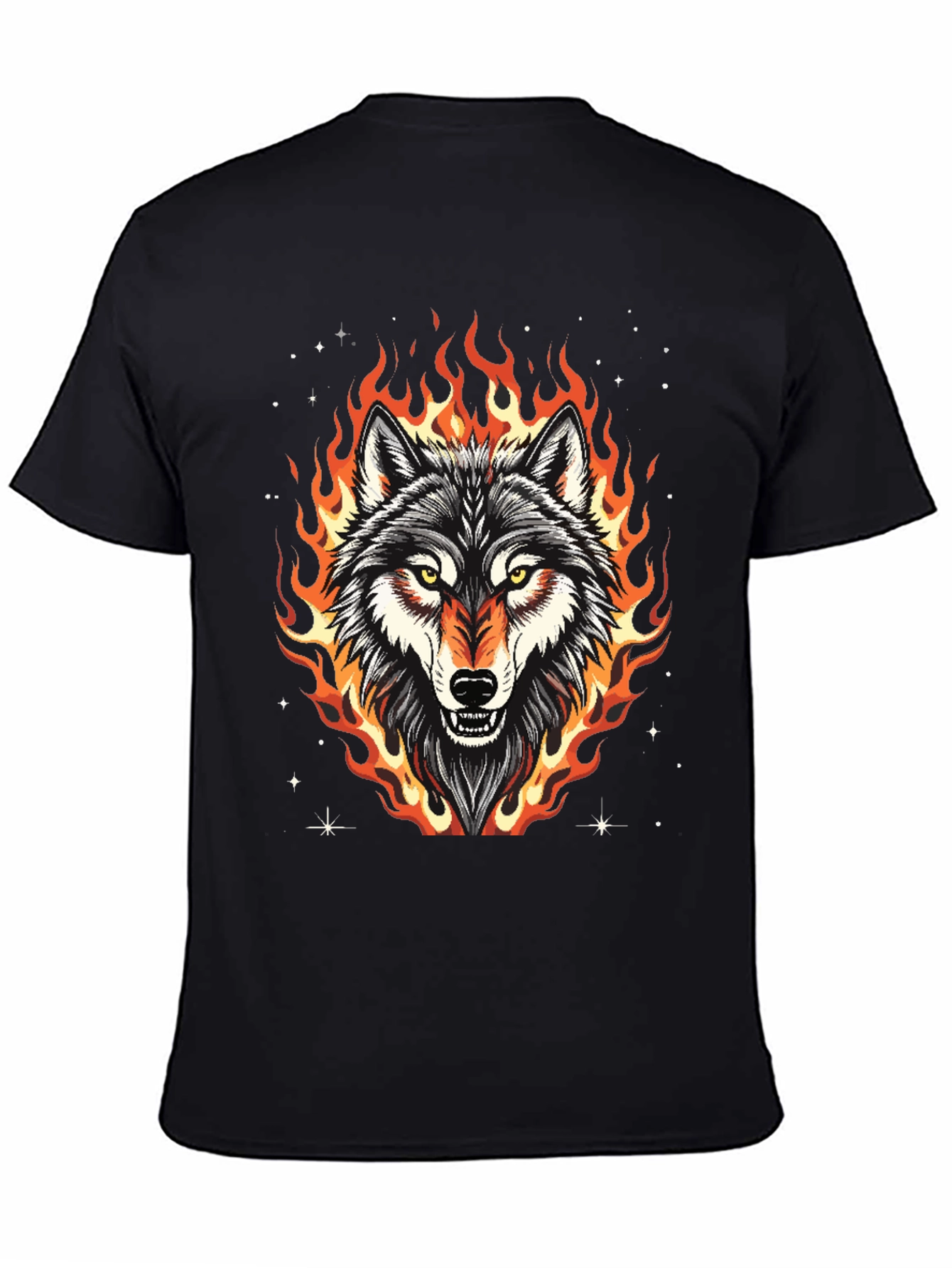 Fiery Wolf Graphic Tee - Black Cotton T-Shirt