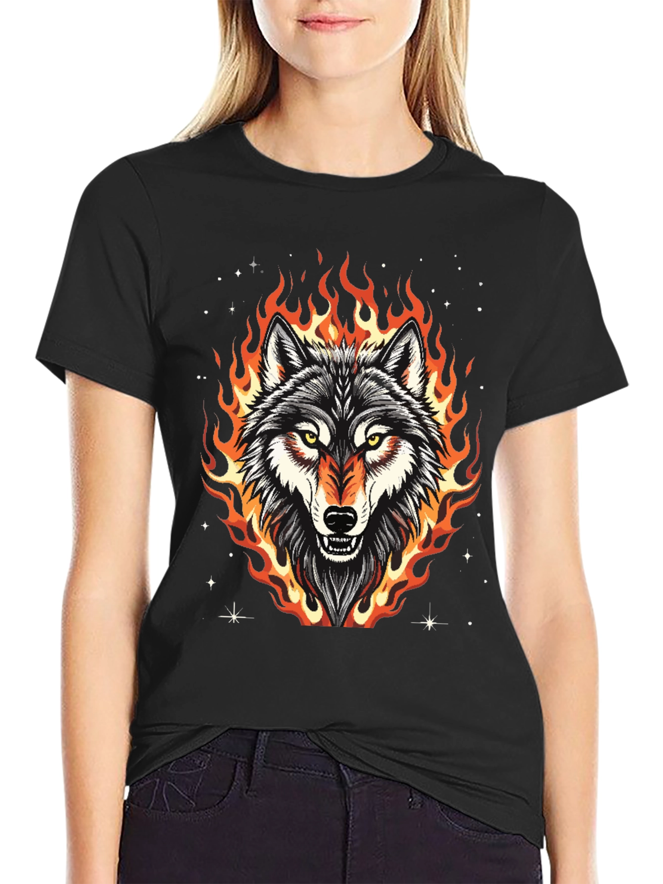 Fiery Wolf Graphic Tee - Black Cotton T-Shirt