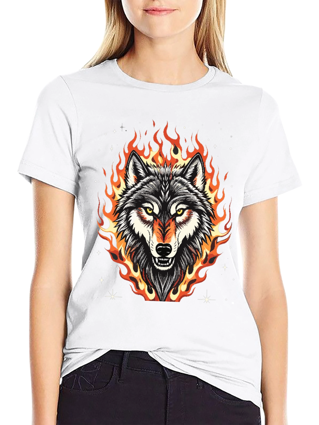 Fiery Wolf Graphic Tee - Black Cotton T-Shirt
