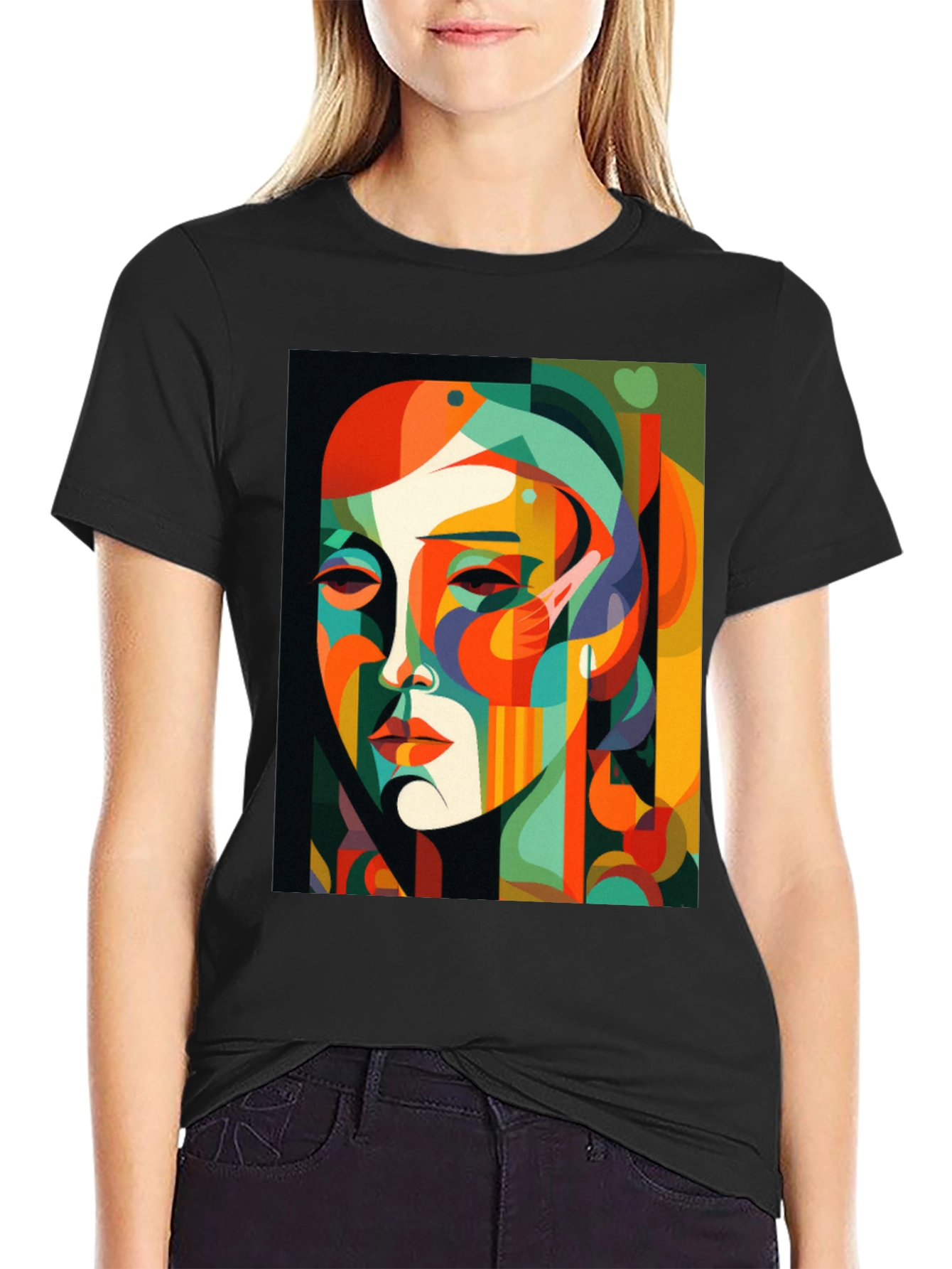 Abstract Face Graphic Print Black Tee
