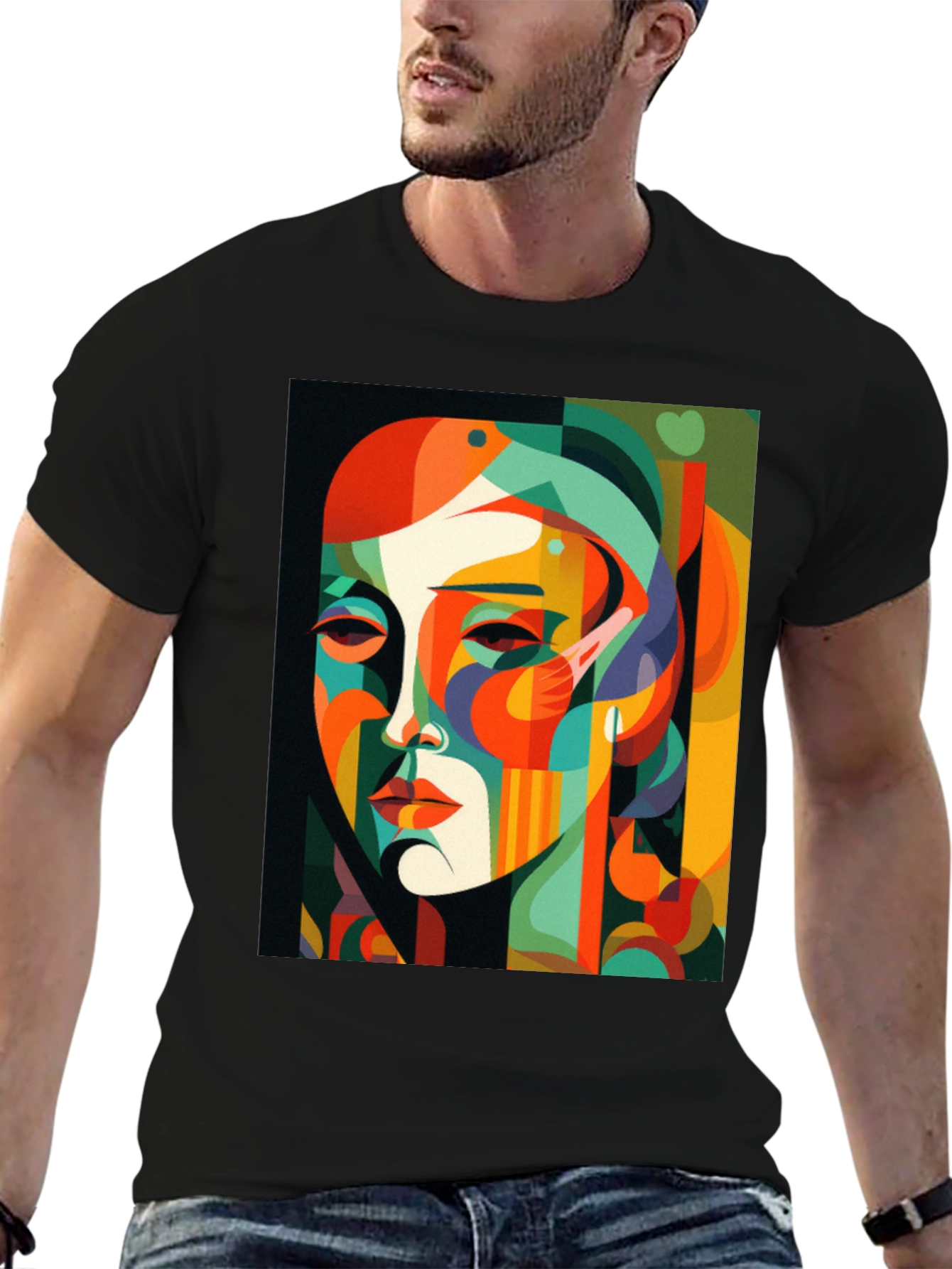 Abstract Face Graphic Print Black Tee