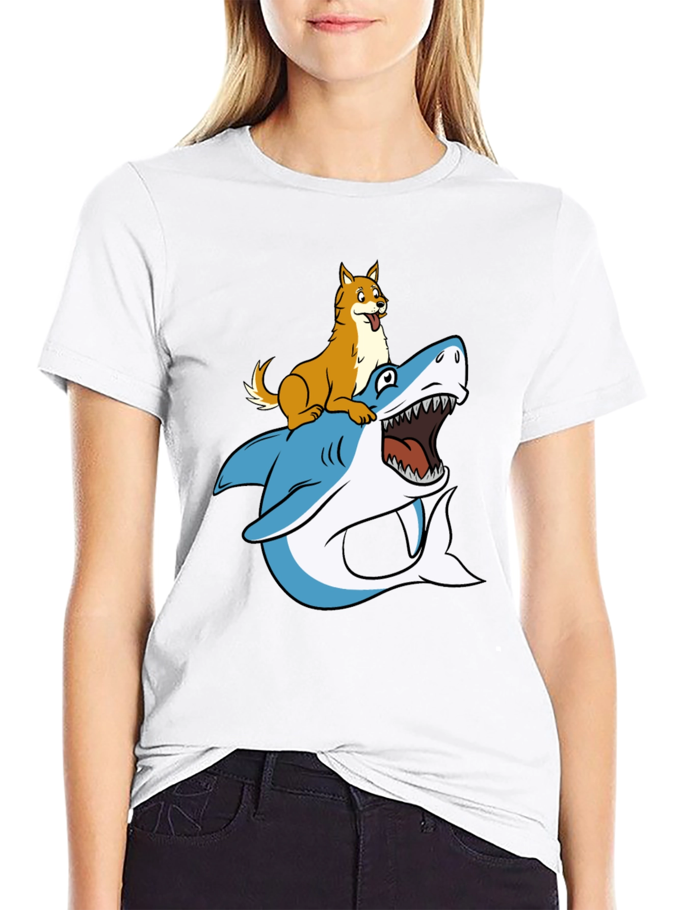 Dog Riding Shark Graphic Tee - Black Cotton T-Shirt
