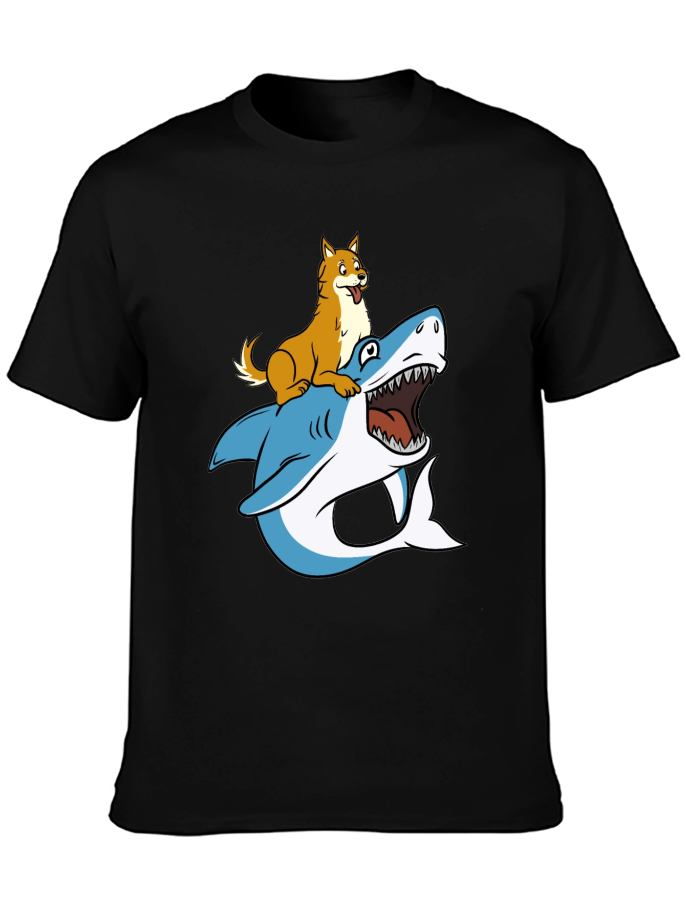 Dog Riding Shark Graphic Tee - Black Cotton T-Shirt