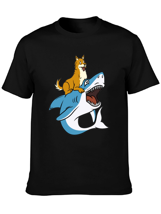 Dog Riding Shark Graphic Tee - Black Cotton T-Shirt