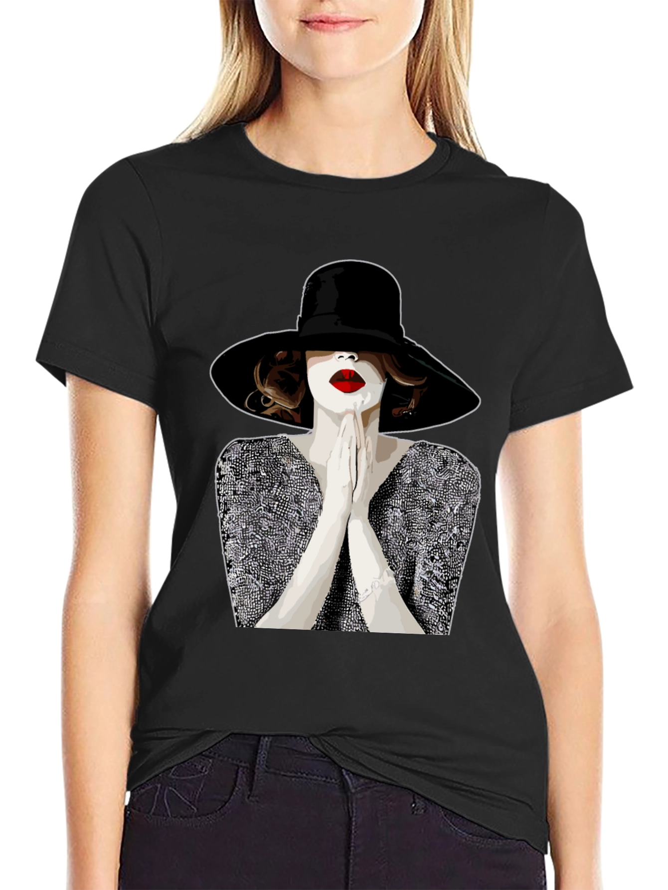 Stylish Graphic Tee - Woman with Hat