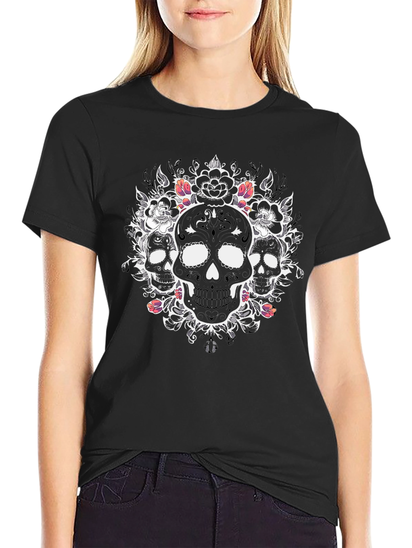 Skull Floral Graphic Tee - Mens Black T-Shirt