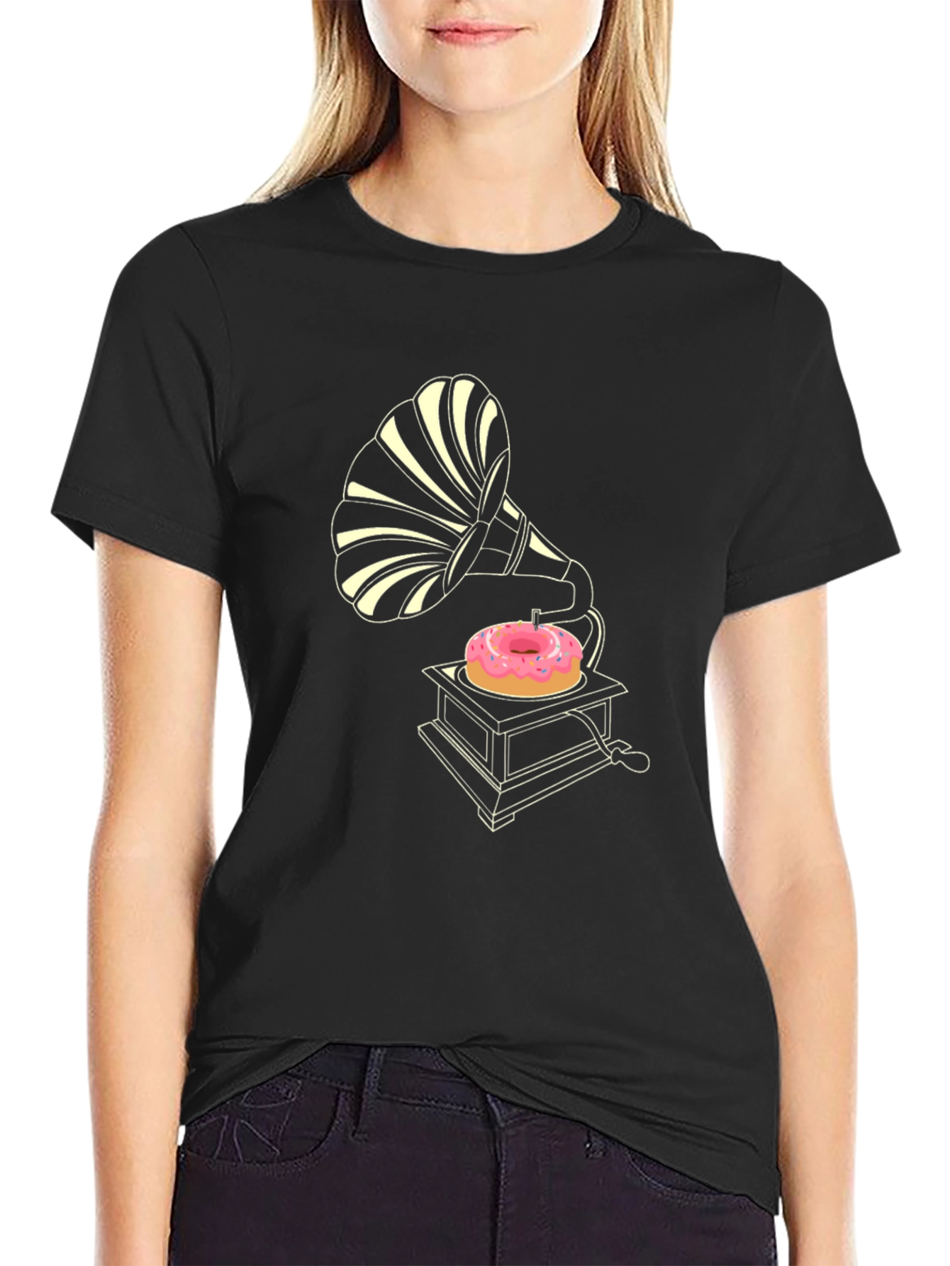 Retro Donut Gramophone Black T-Shirt