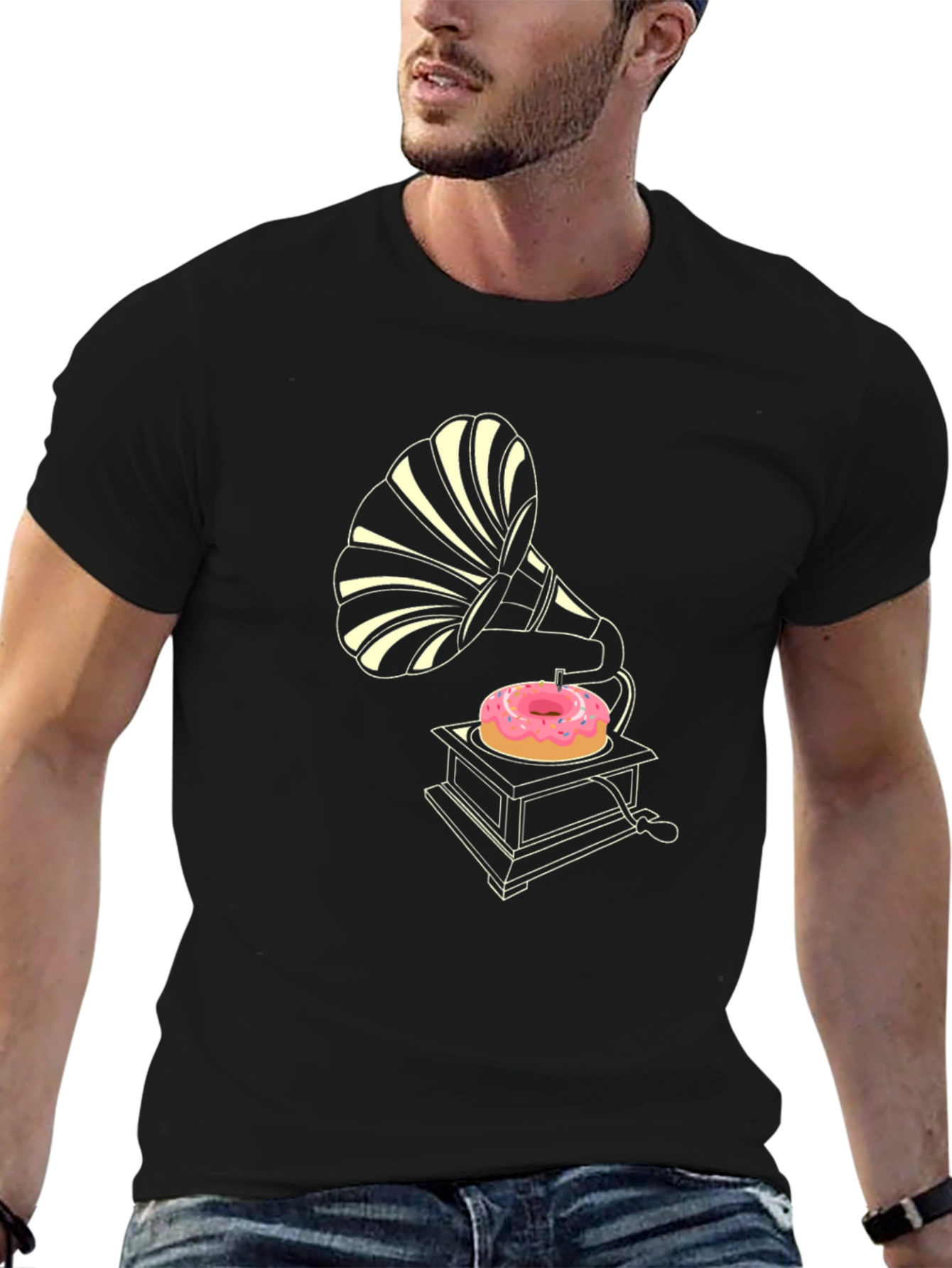 Retro Donut Gramophone Black T-Shirt