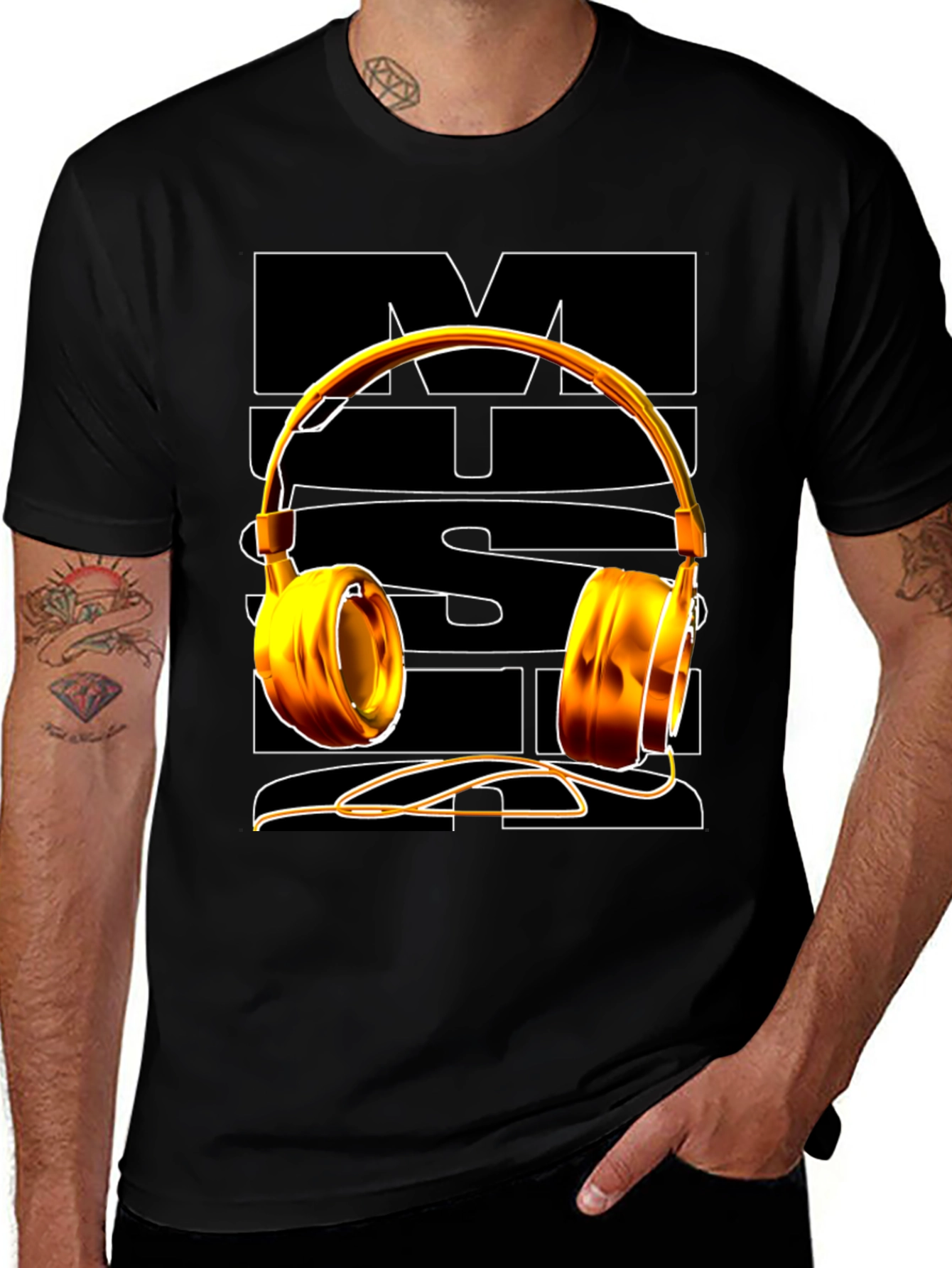 Music Lover Graphic Tee - Golden Headphones Design