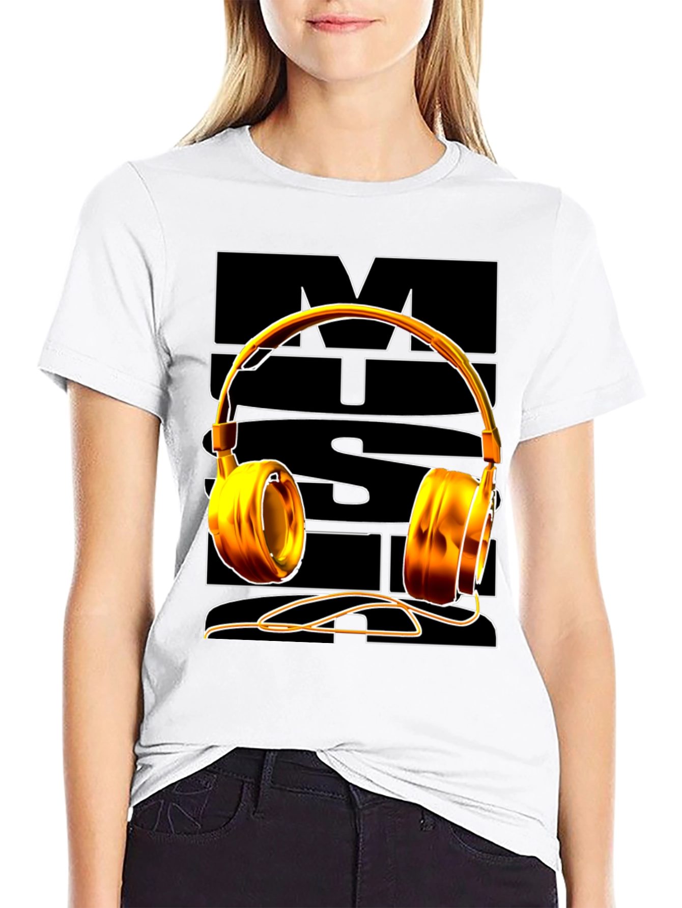 Music Lover Graphic Tee - Golden Headphones Design