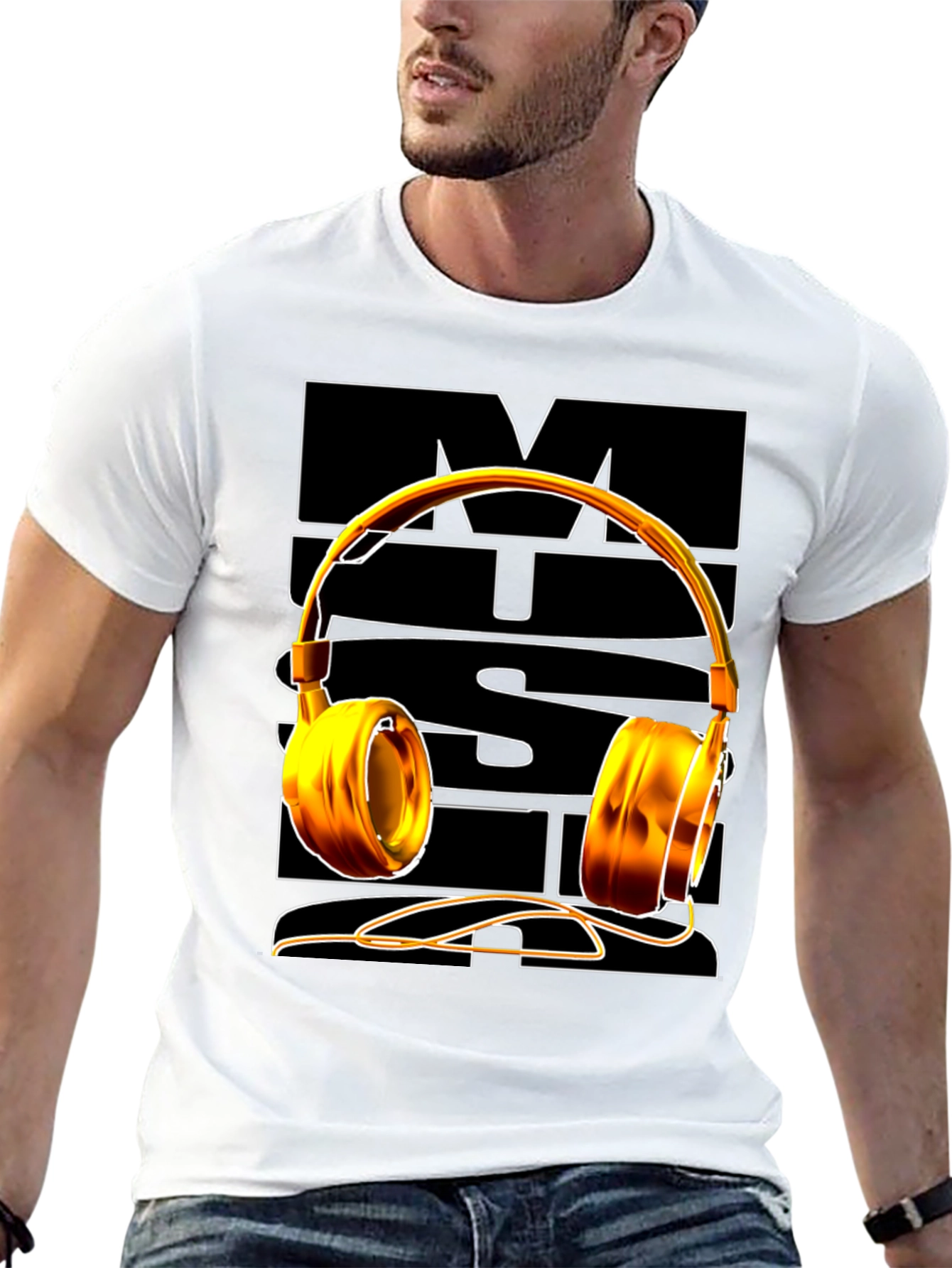 Music Lover Graphic Tee - Golden Headphones Design