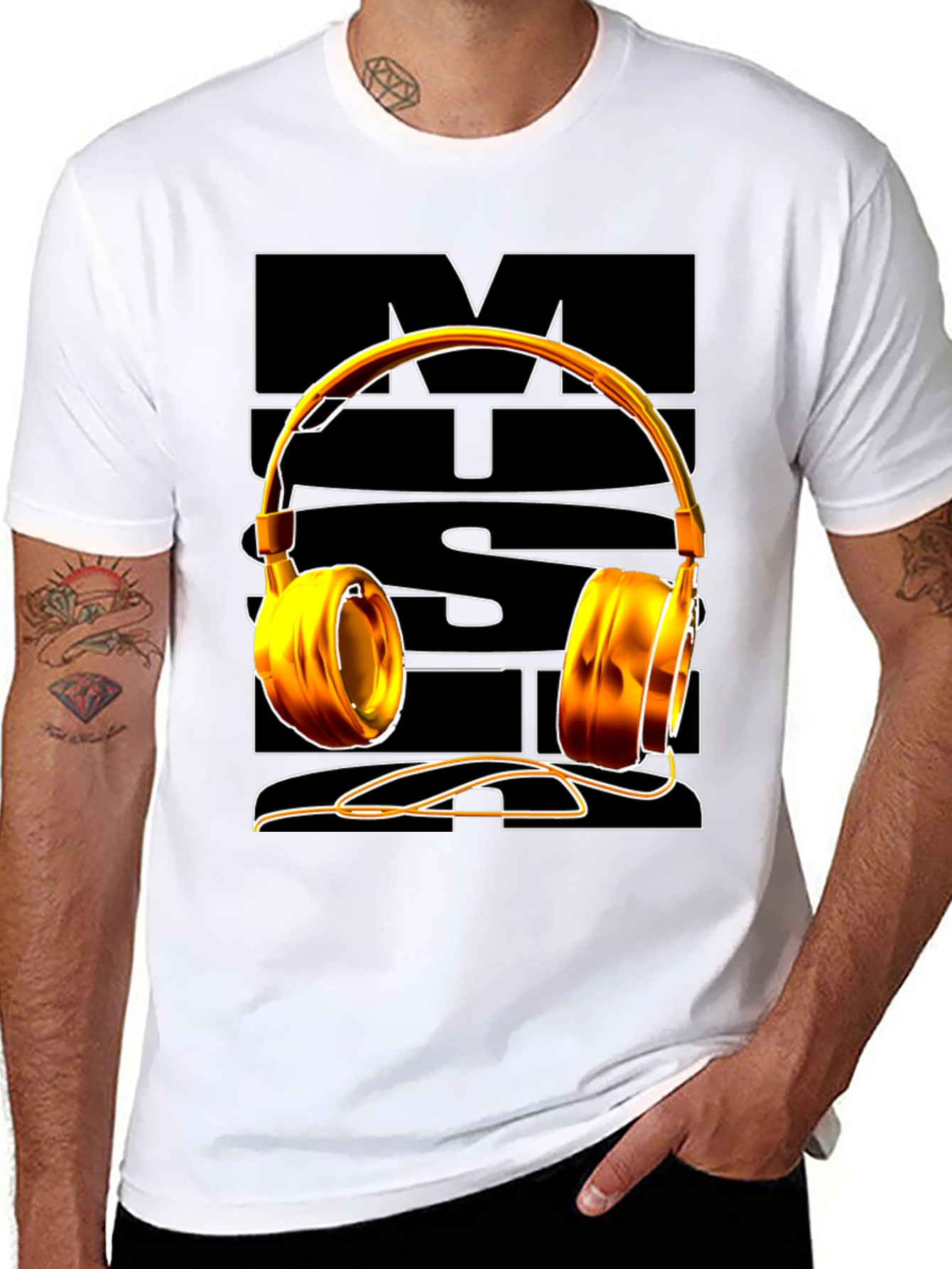 Music Lover Graphic Tee - Golden Headphones Design