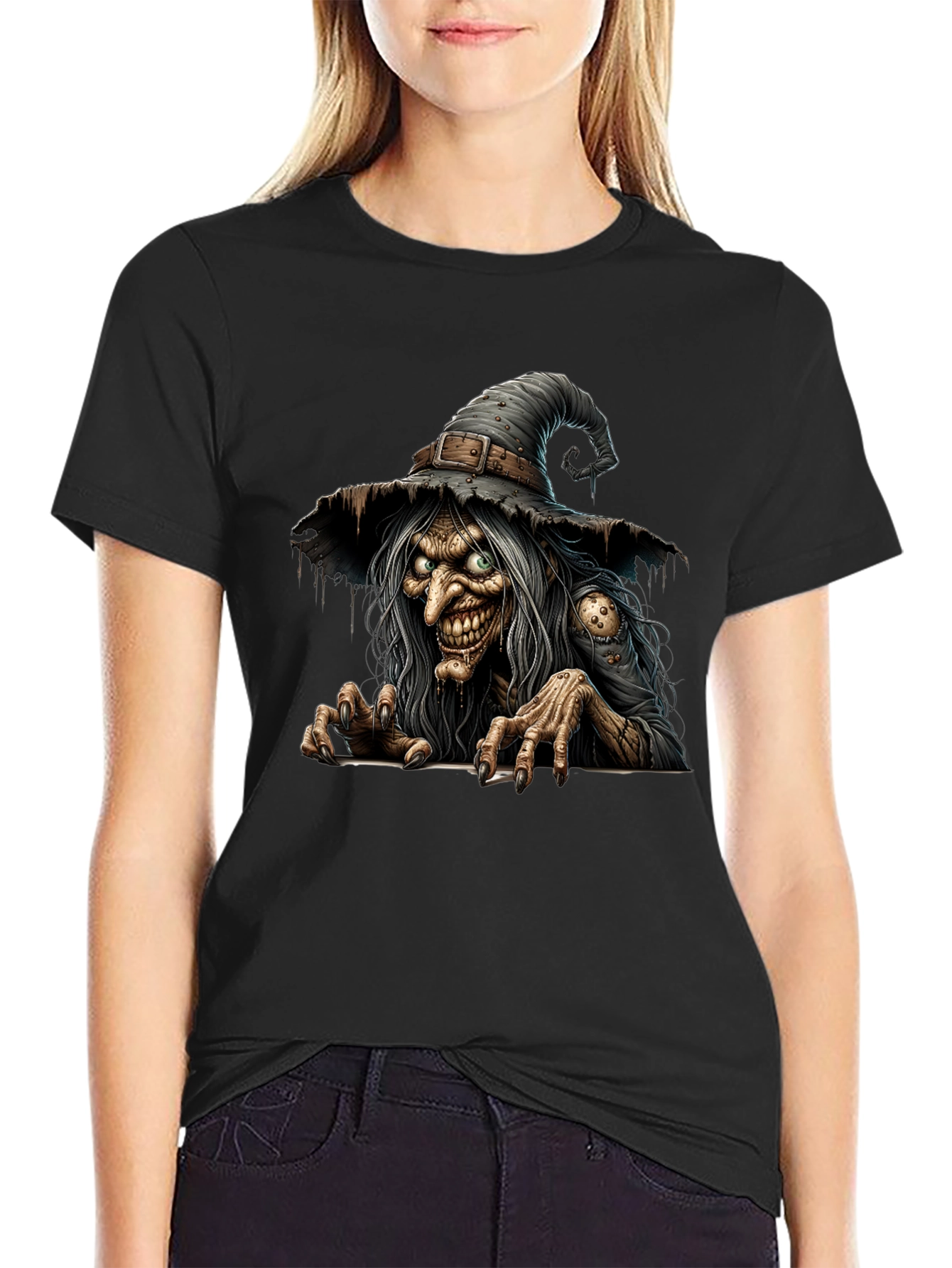 Creepy Witch Graphic Print Black T-Shirt