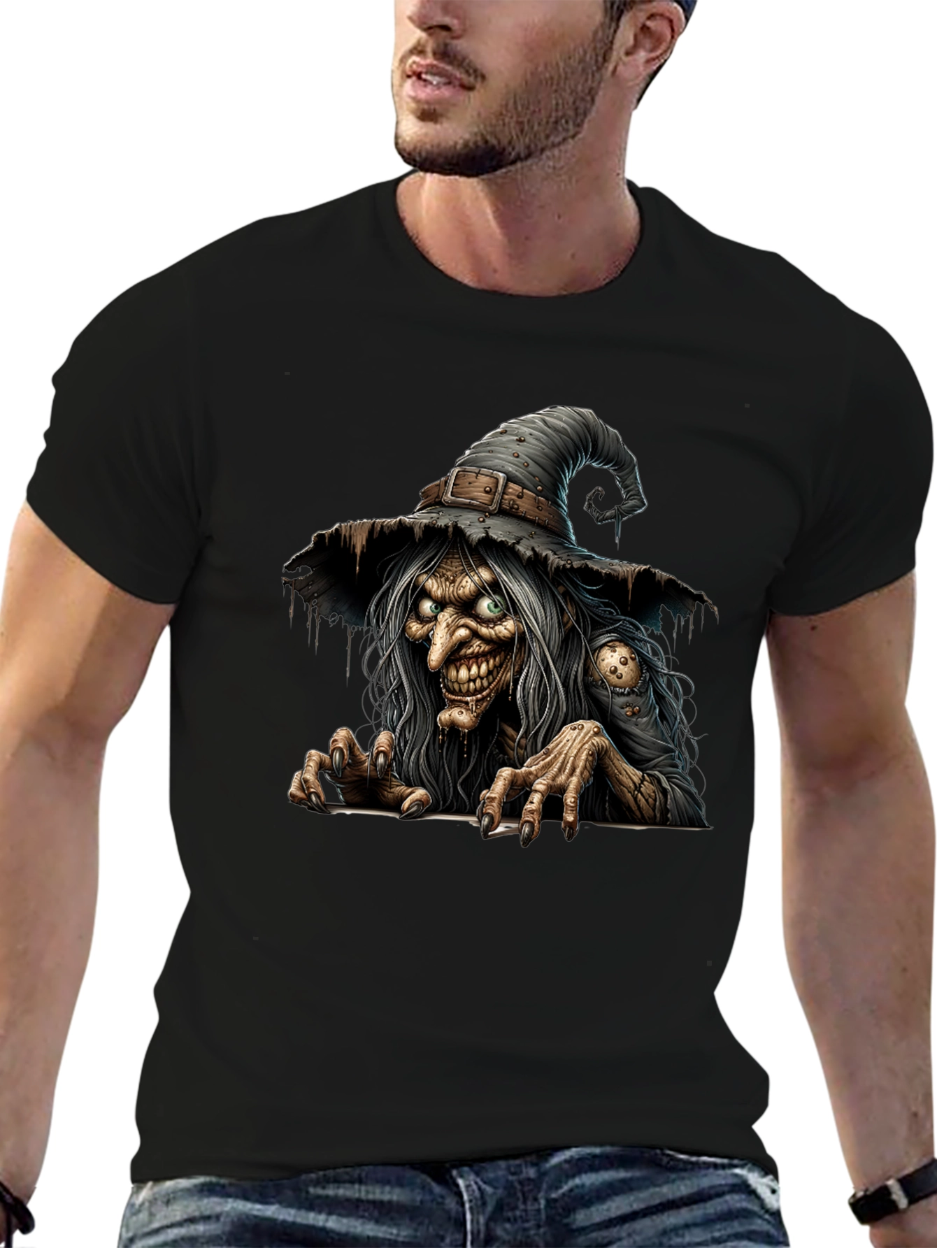 Creepy Witch Graphic Print Black T-Shirt