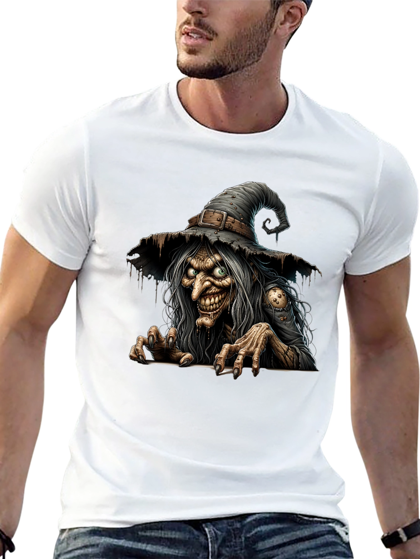 Creepy Witch Graphic Print Black T-Shirt