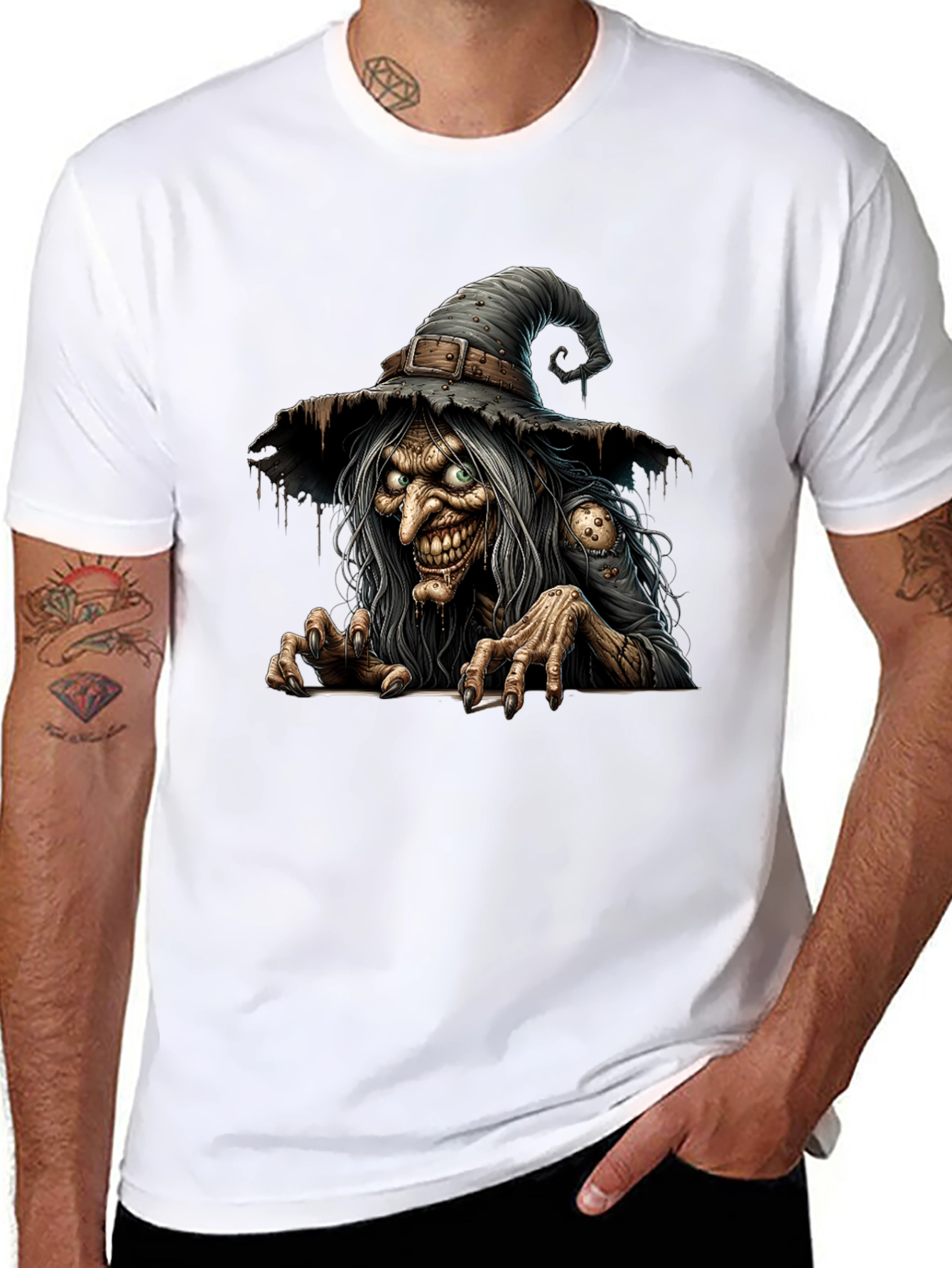 Creepy Witch Graphic Print Black T-Shirt