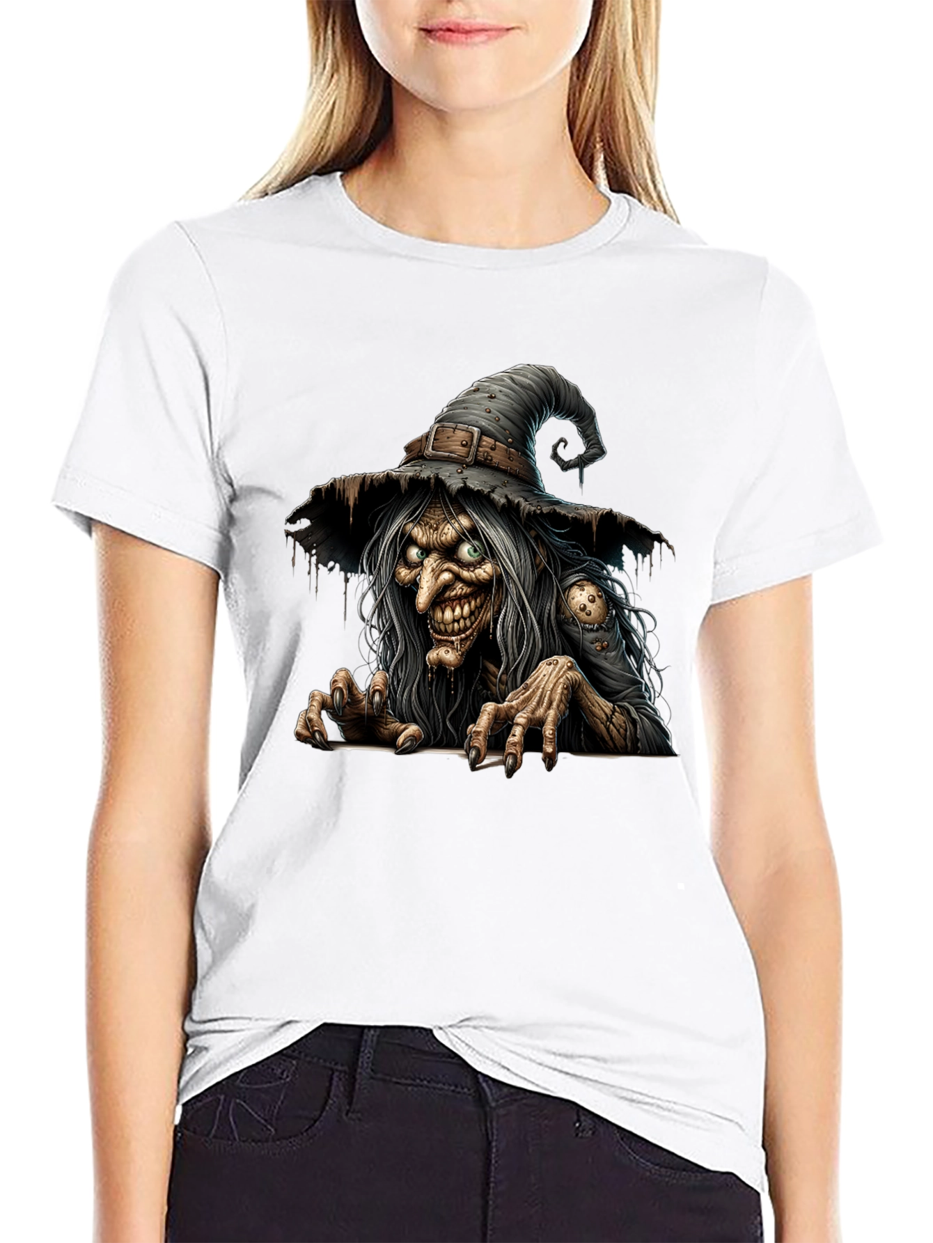 Creepy Witch Graphic Print Black T-Shirt