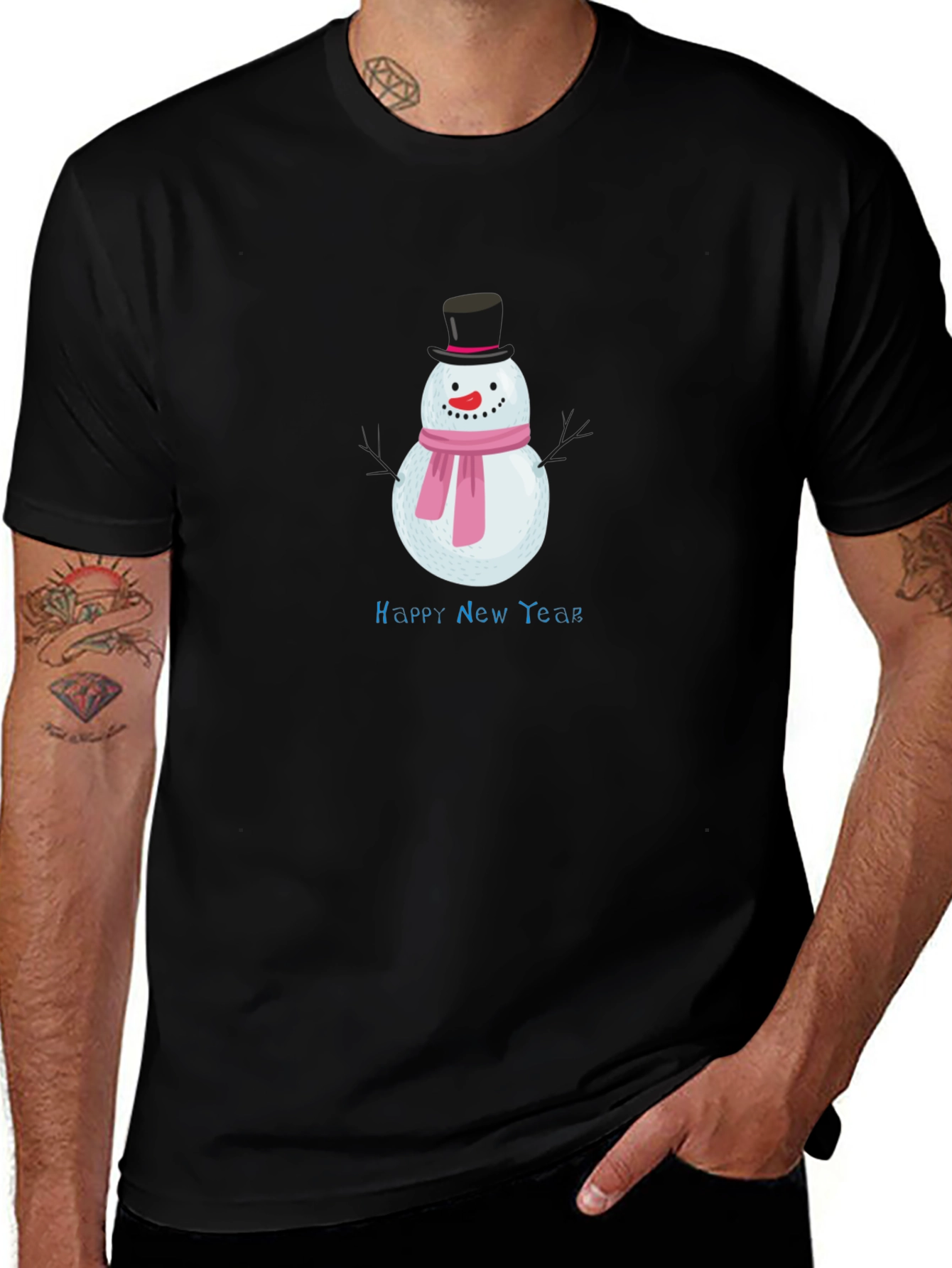 Happy New Year Snowman Black T-Shirt
