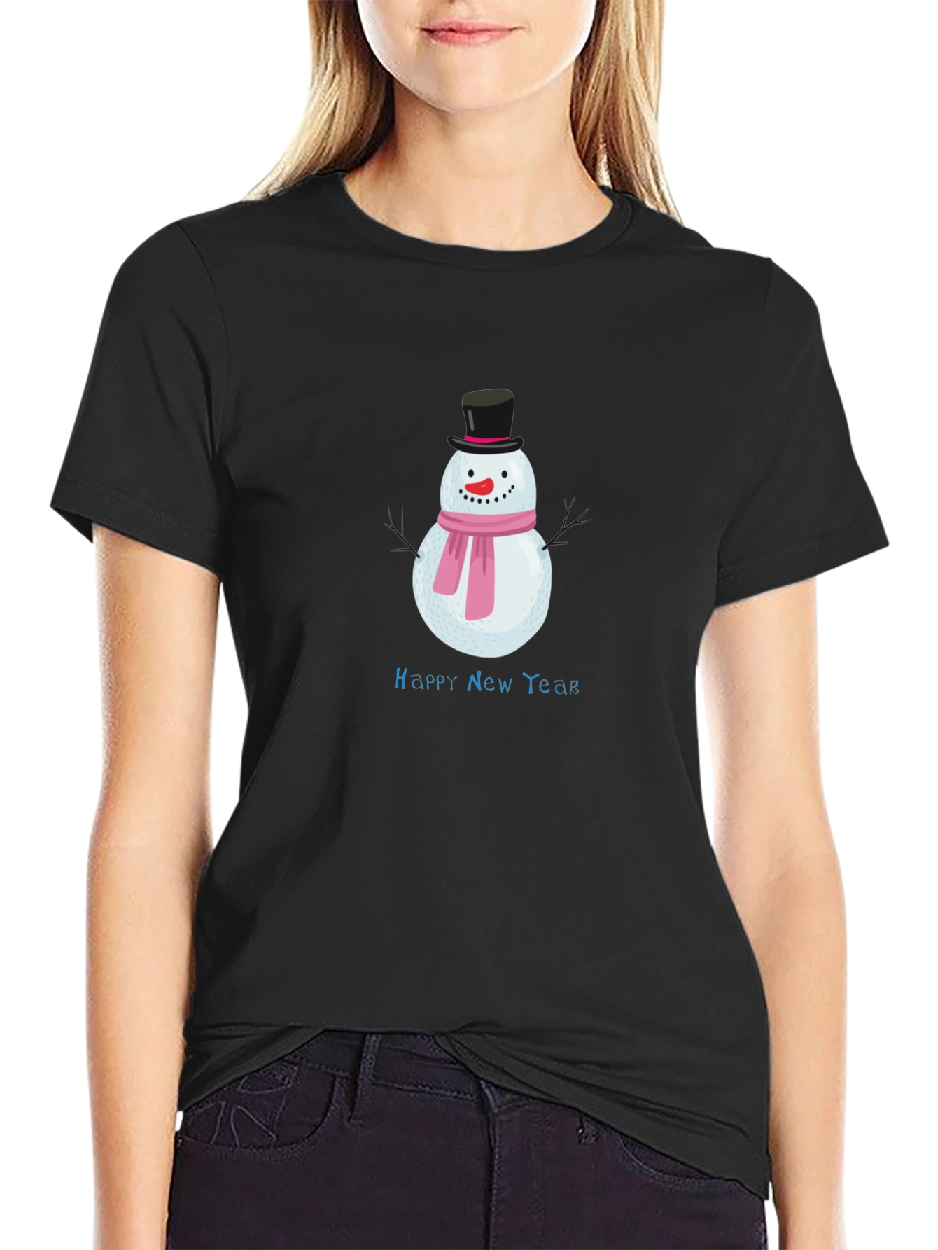 Happy New Year Snowman Black T-Shirt