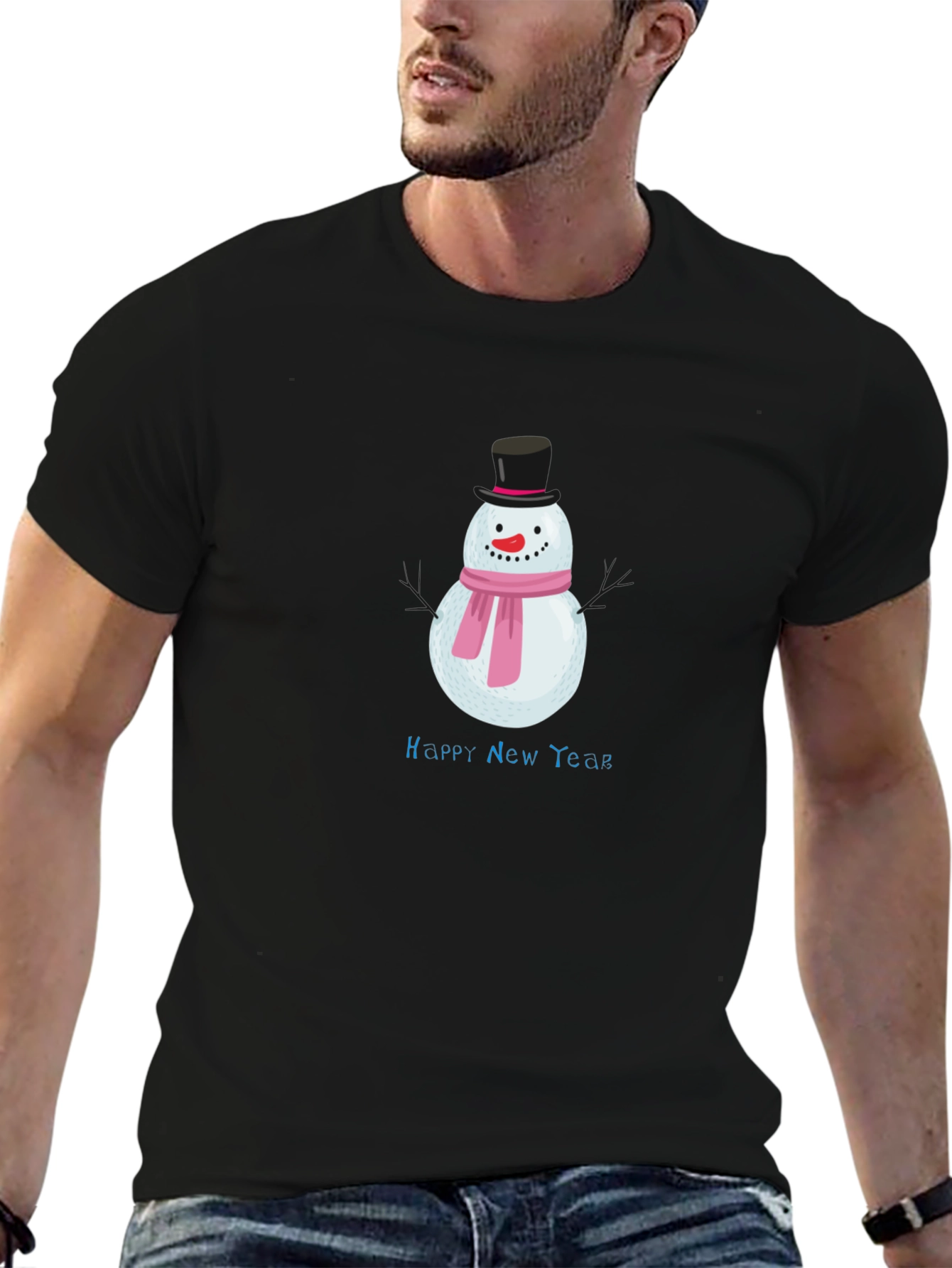 Happy New Year Snowman Black T-Shirt