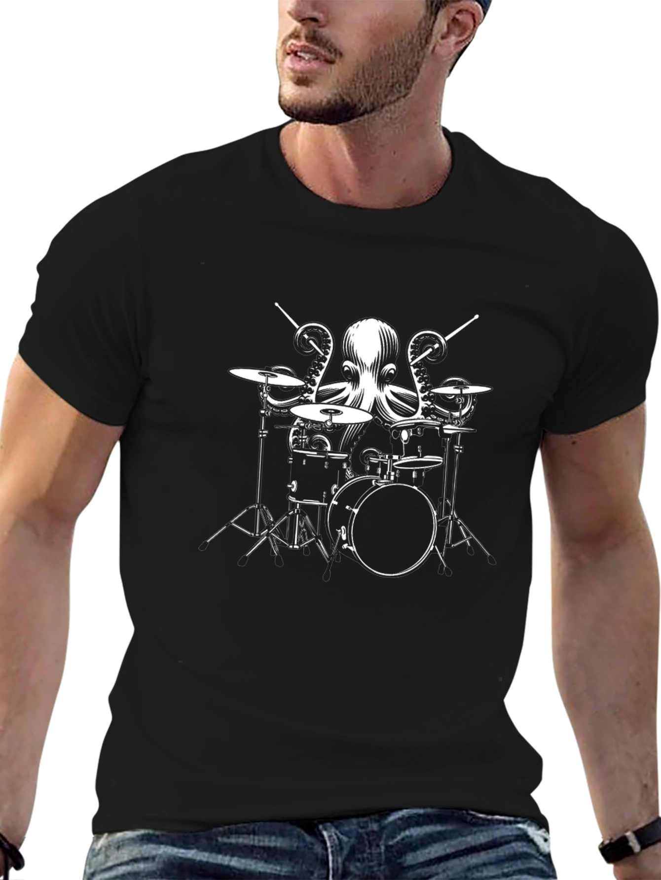 Drummer Octopus T-Shirt - Black Cotton Tee