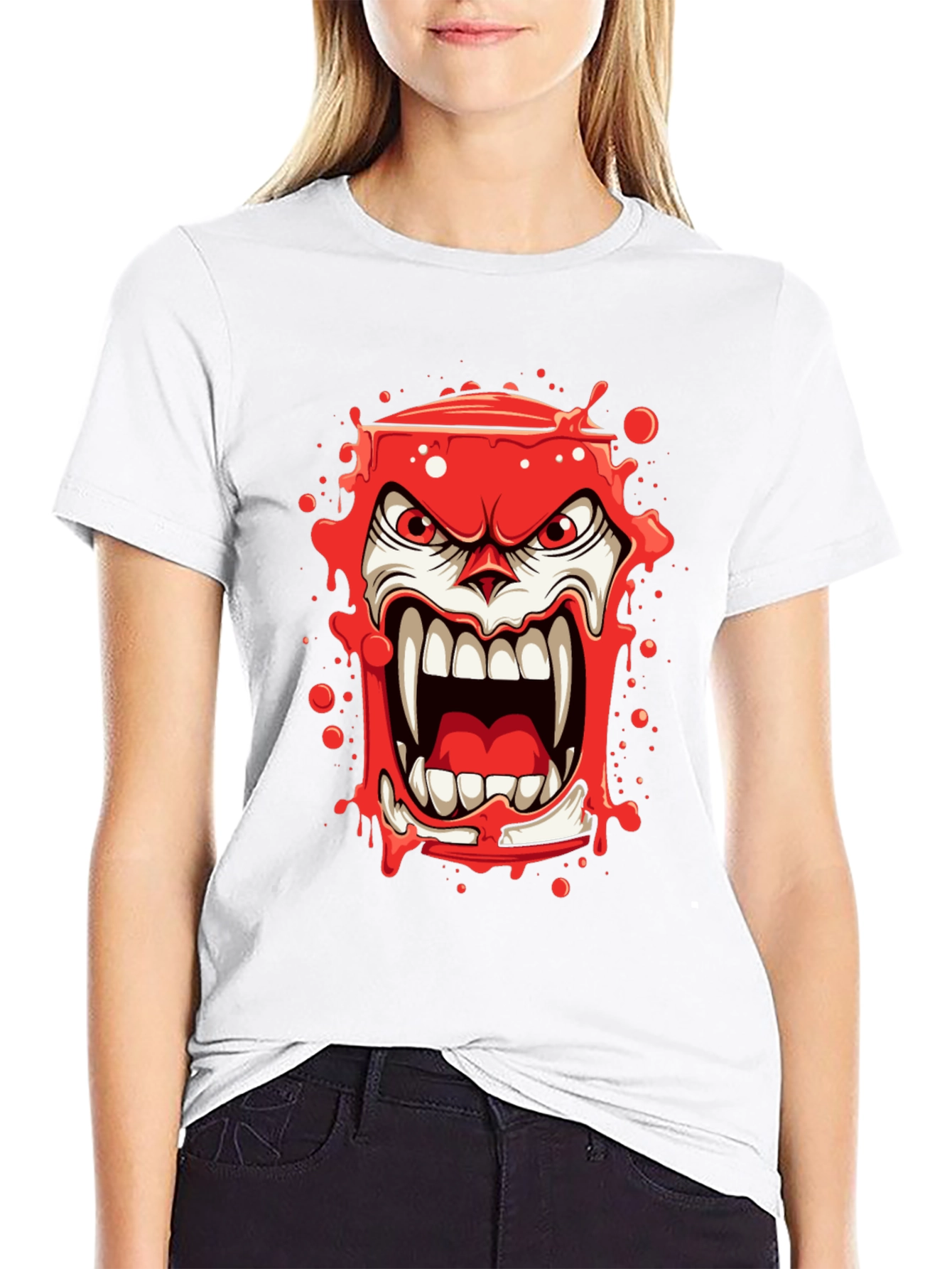Scary Red Monster Graphic Print Black T-Shirt