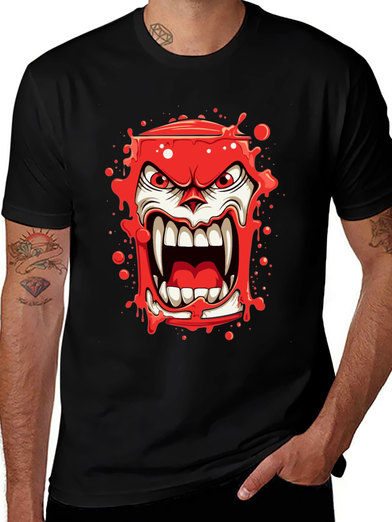 Scary Red Monster Graphic Print Black T-Shirt