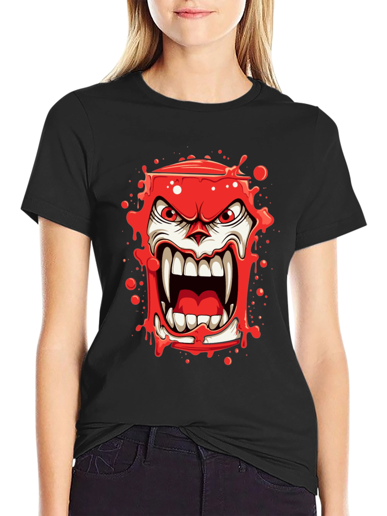Scary Red Monster Graphic Print Black T-Shirt