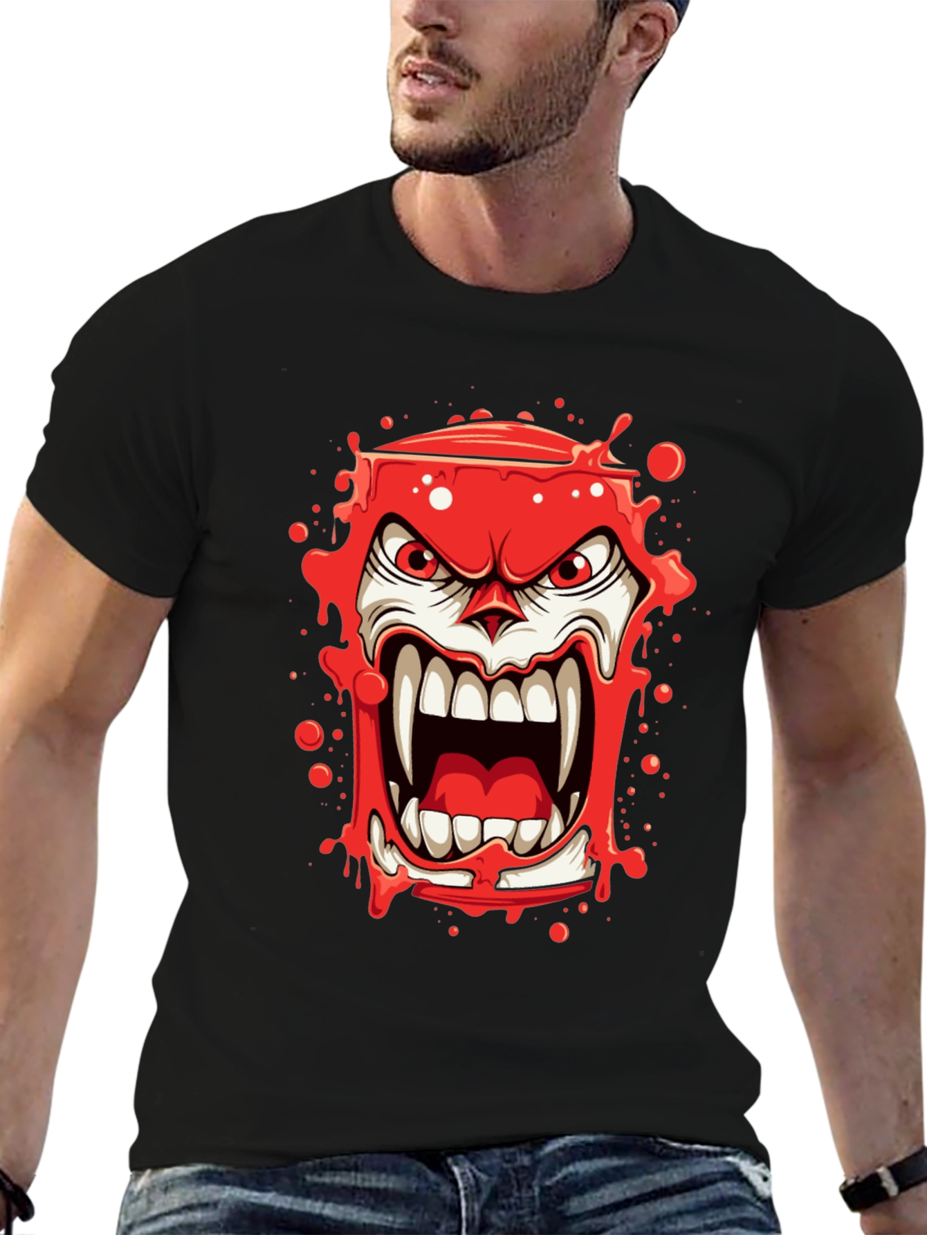 Scary Red Monster Graphic Print Black T-Shirt
