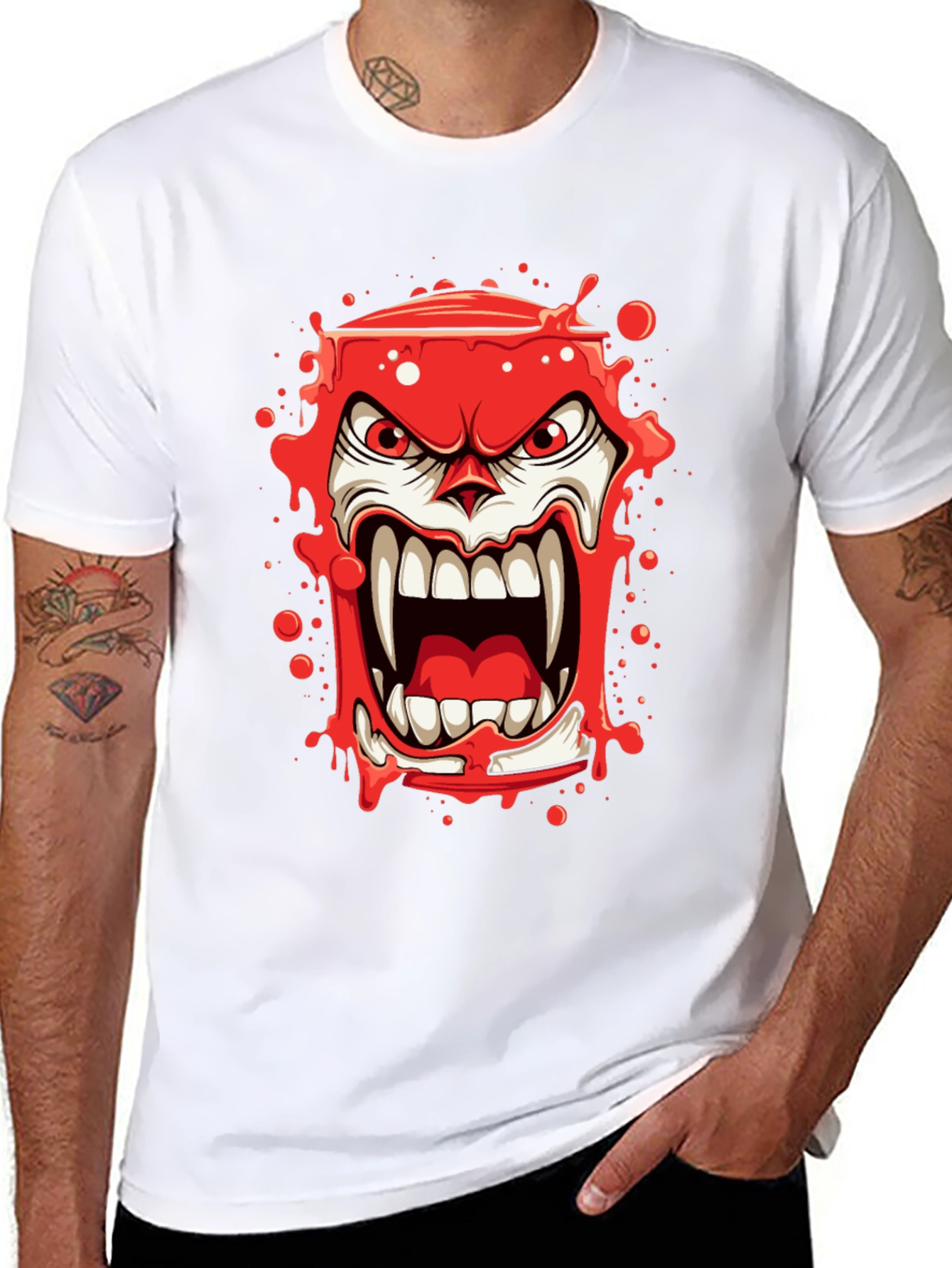 Scary Red Monster Graphic Print Black T-Shirt