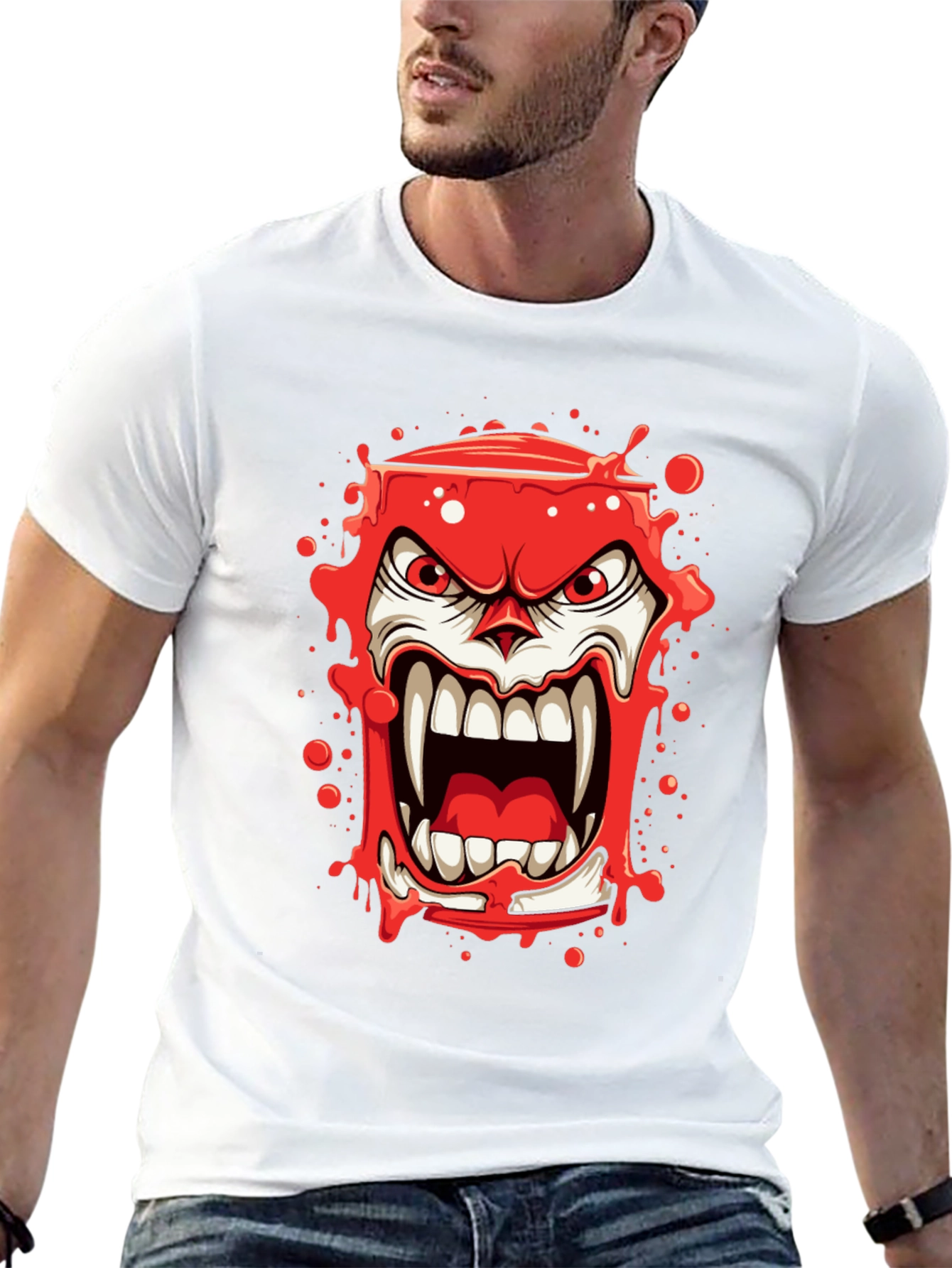 Scary Red Monster Graphic Print Black T-Shirt