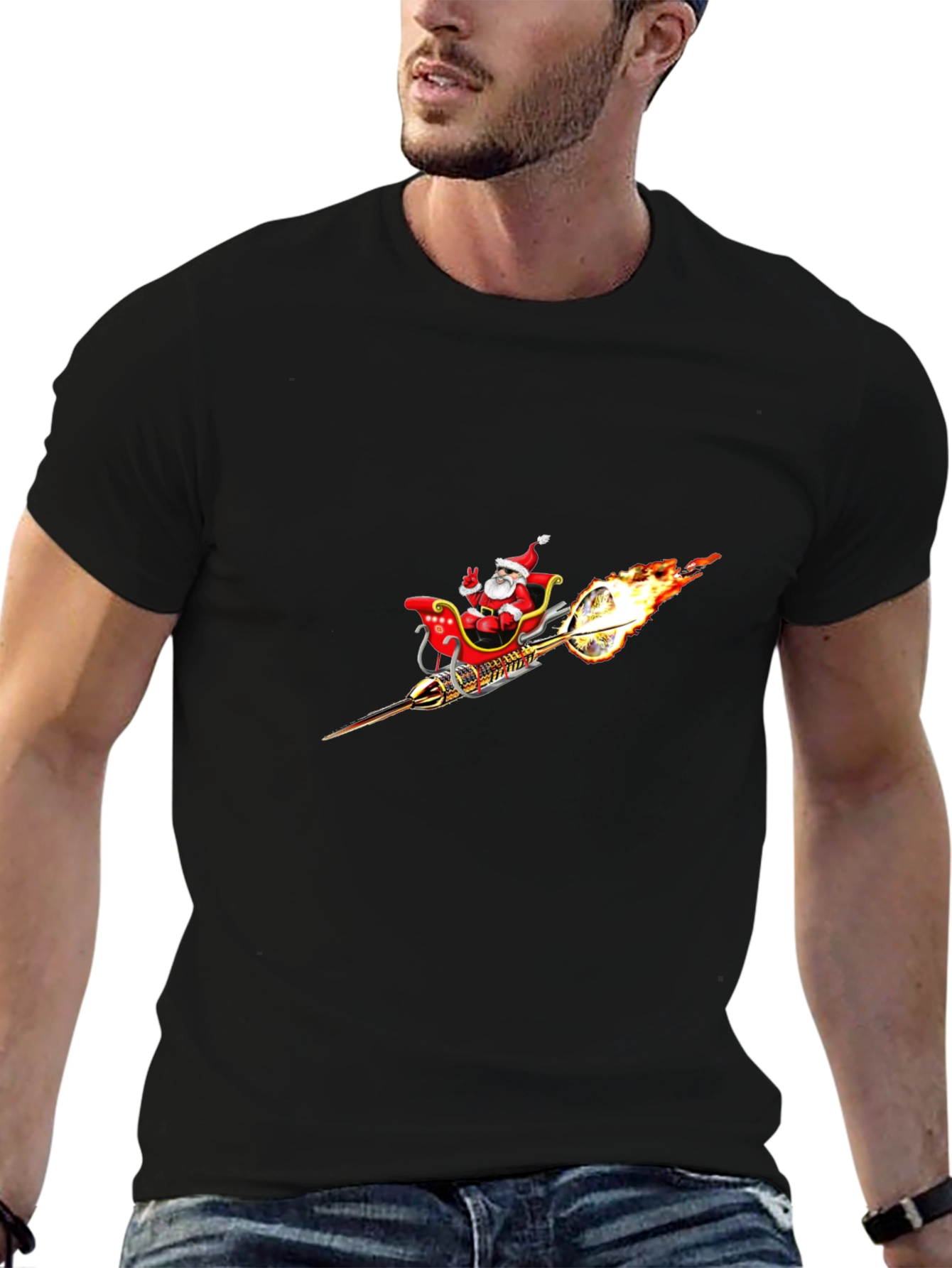 Santas Rocket Sleigh Black T-Shirt