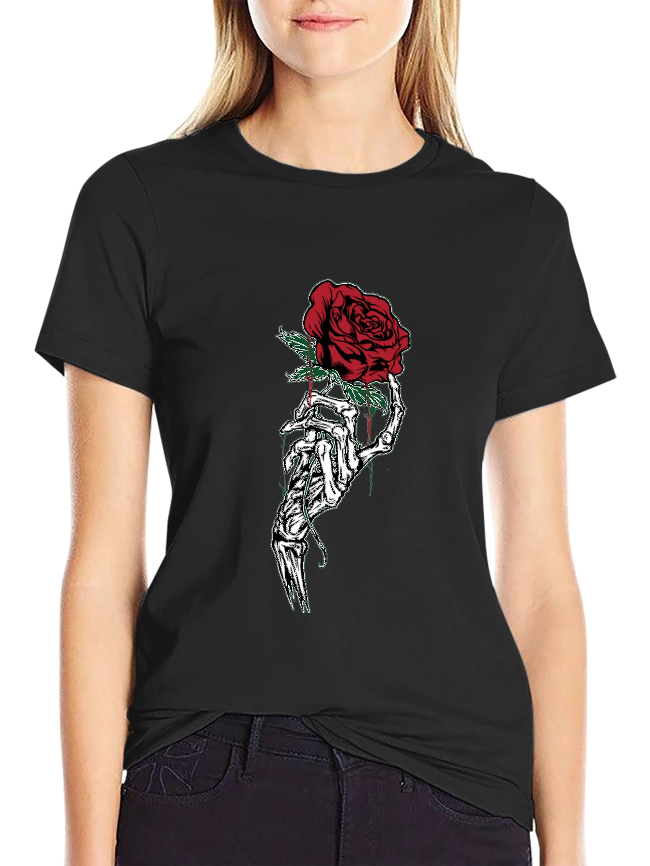 Skeleton Hand Rose Graphic T-Shirt