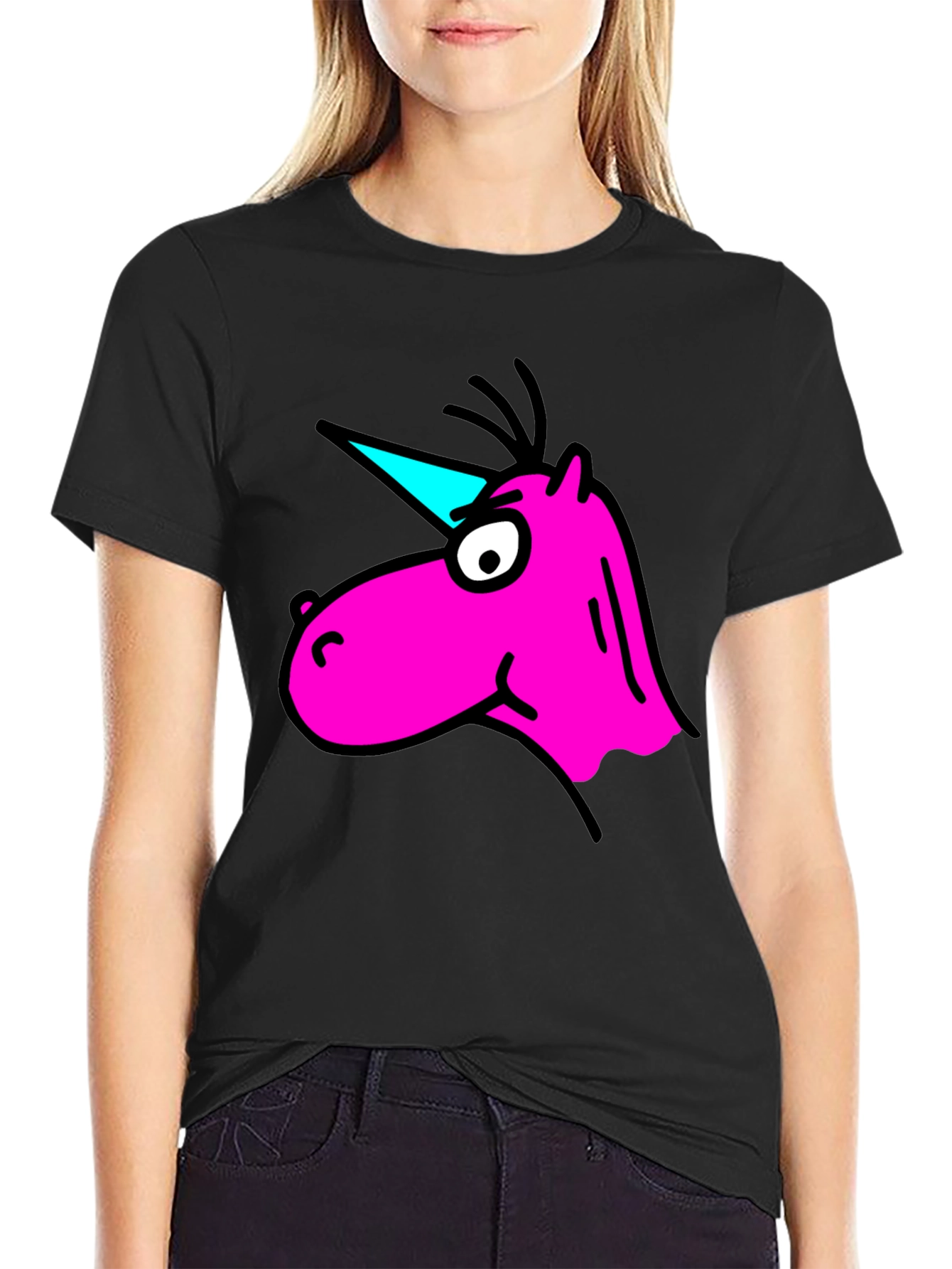 Cartoon Unicorn Graphic Black T-Shirt