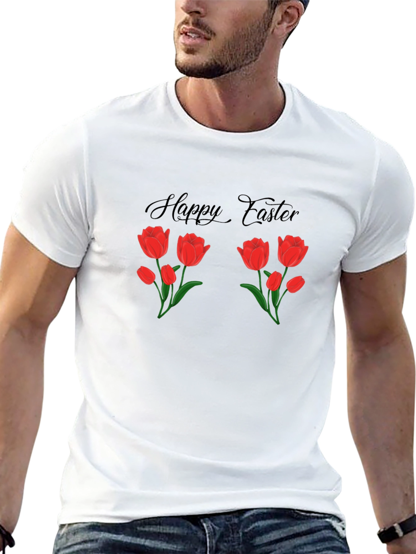 Happy Easter Tulip Graphic Black T-Shirt