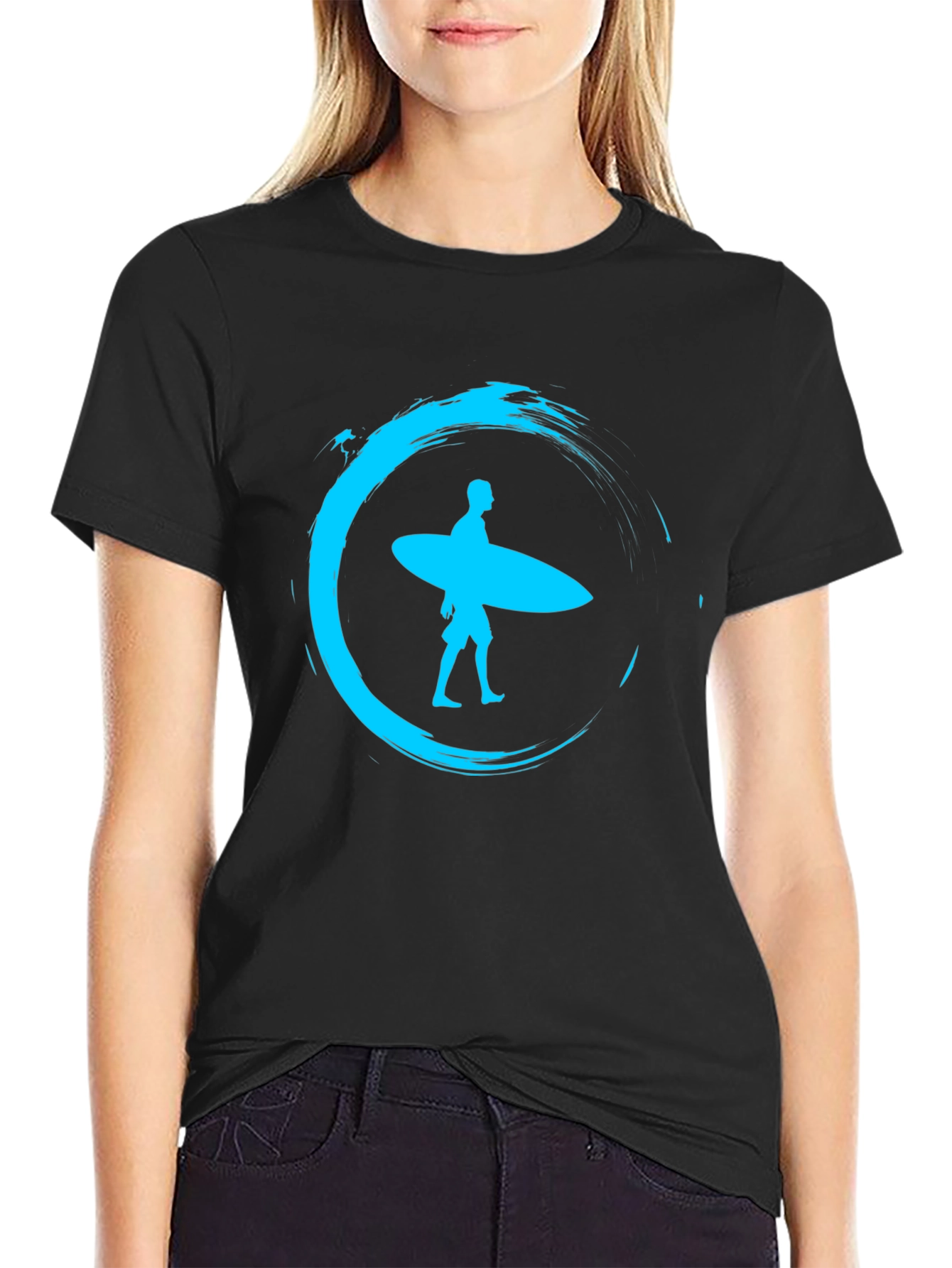 Surfer Silhouette Tee - Black Cotton Graphic T-Shirt