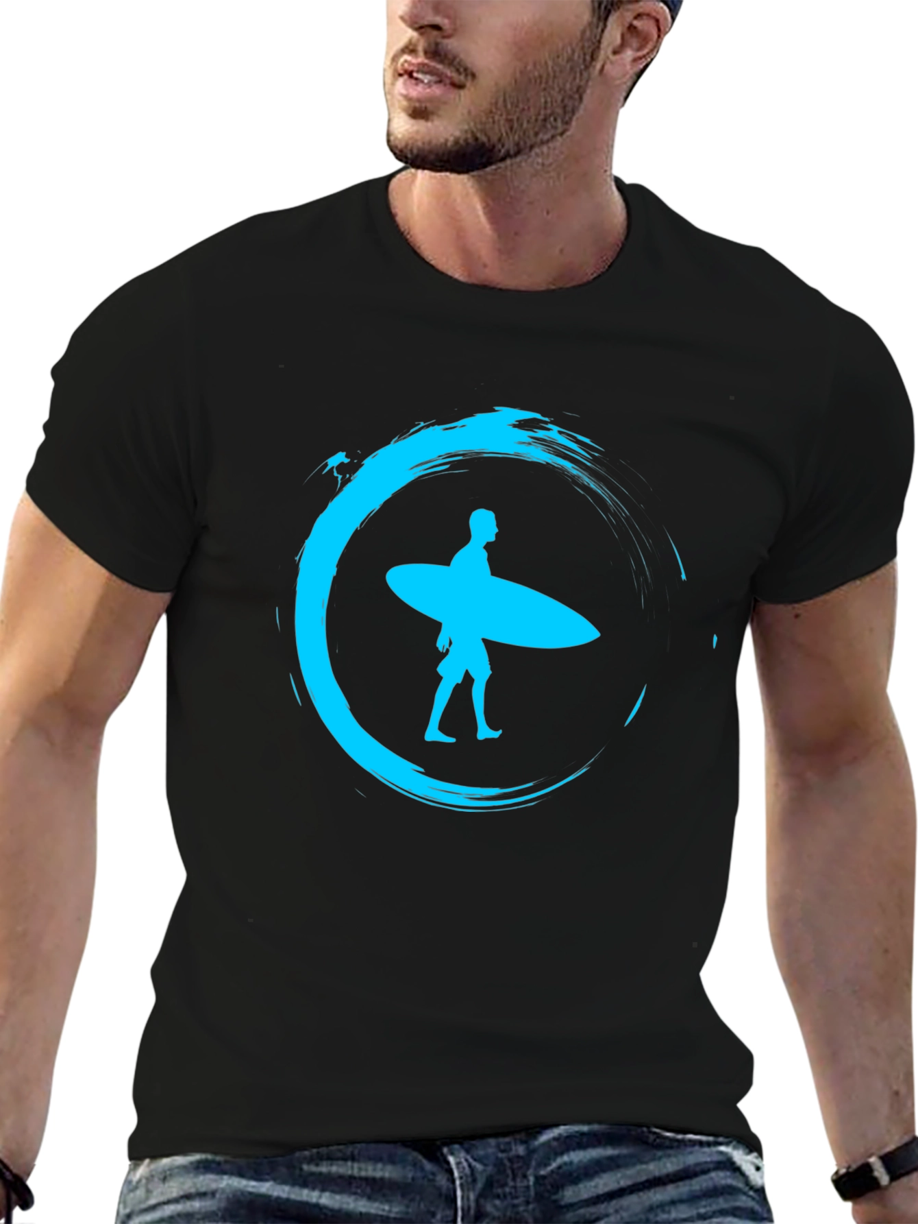 Surfer Silhouette Tee - Black Cotton Graphic T-Shirt