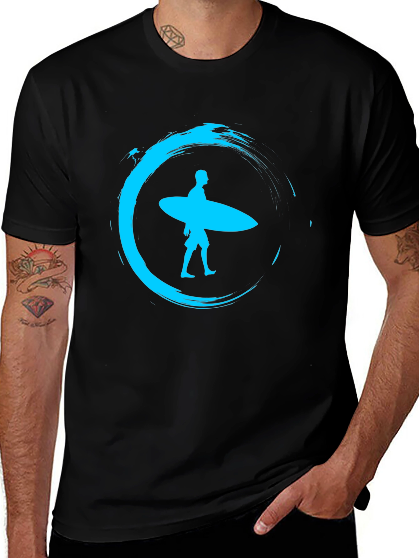 Surfer Silhouette Tee - Black Cotton Graphic T-Shirt
