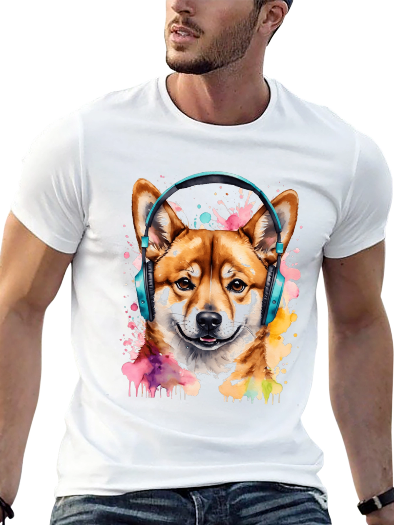 Shiba Inu Headphones Black Graphic Tee